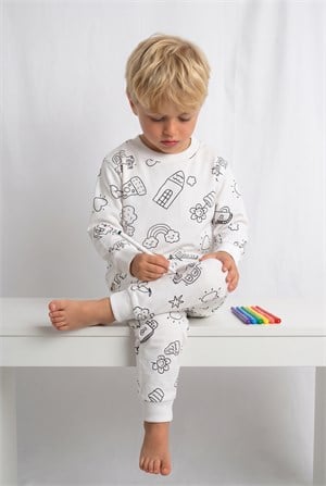 4-8 Yaş Yıkanabilir Boya Hediyeli Colorbook Uzun Kol Çocuk Pijama Takım Beyaz