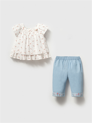Çiçek Desenli Fırfırlı Bluz Ve İşlemeli Denim Pantolonlu Kız Bebek Takım Mavi