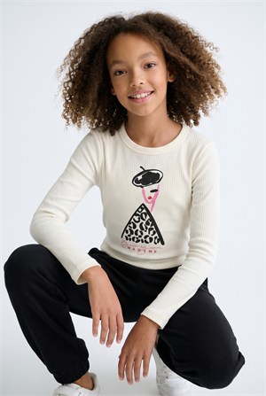 9-14 Yaş Kız Çocuk Baskılı Ribana Sweatshirt Krem