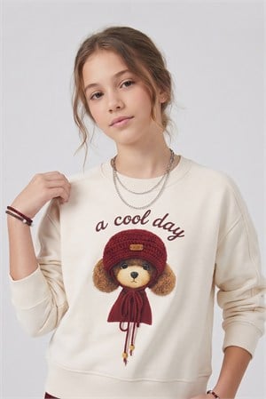 9-14 Yaş Kız Çocuk Cool Day Dog Üç İplik Sweatshirt Krem