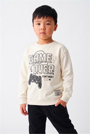 4-9 Yaş Erkek Çocuk Gamer İki İplik Manşetli Sweatshirt Krem
