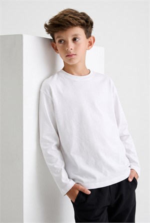 9-14 Yaş Erkek Çocuk Lycralı Düz Basıc Sweatshirt Beyaz