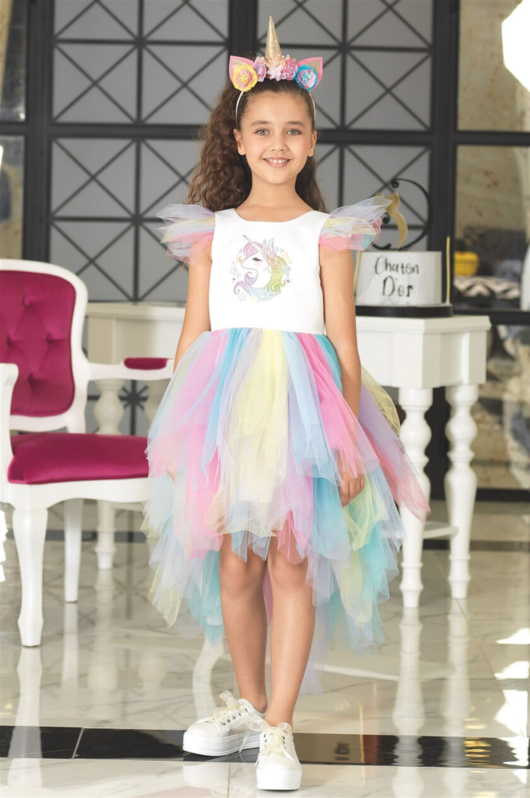 4-8 Yaş Kız Çocuk Unicorn Figürlü Krem Kuyruklu Elbise - CSLKids