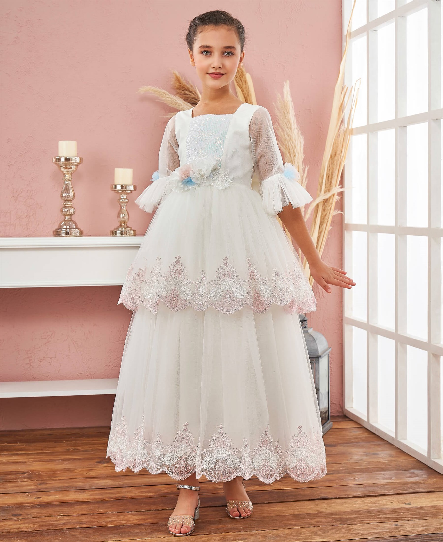4-8 Yaş Kız Çocuk Prenses Model Uzun Kollu Abiye Elbise KREM | CSLKids