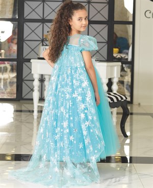 4-8 Yaş Kız Çocuk Tül Pelerinli Uzun Mavi Elsa elbise - CSLKids