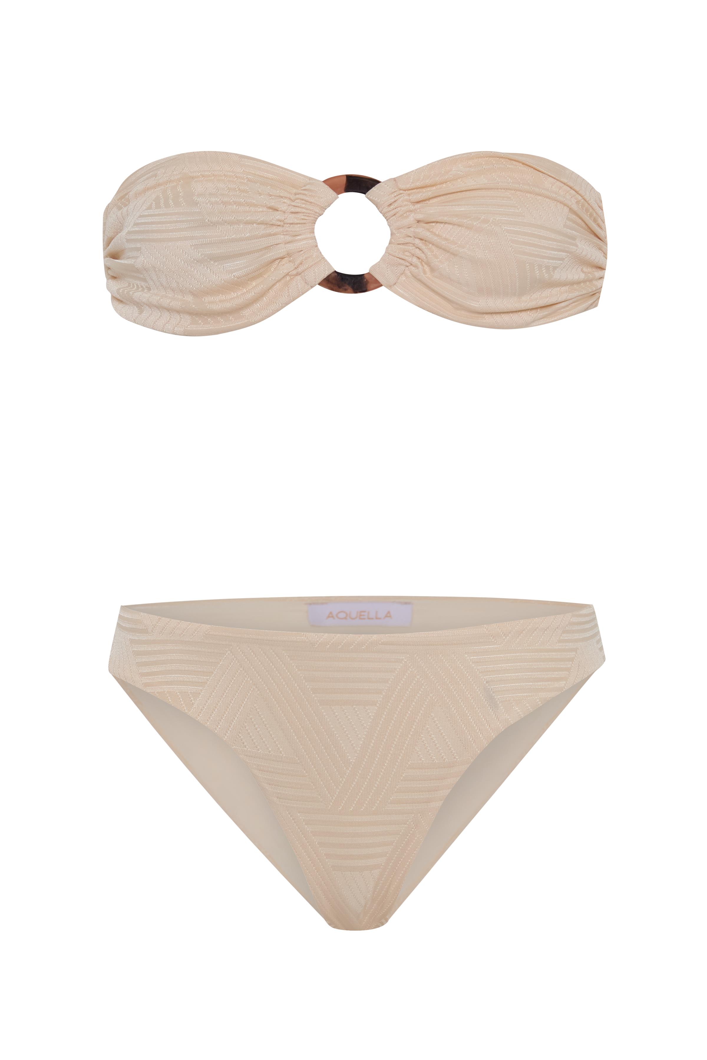 Aksesuarlı Dokulu Krem Straplez Bikini Takım