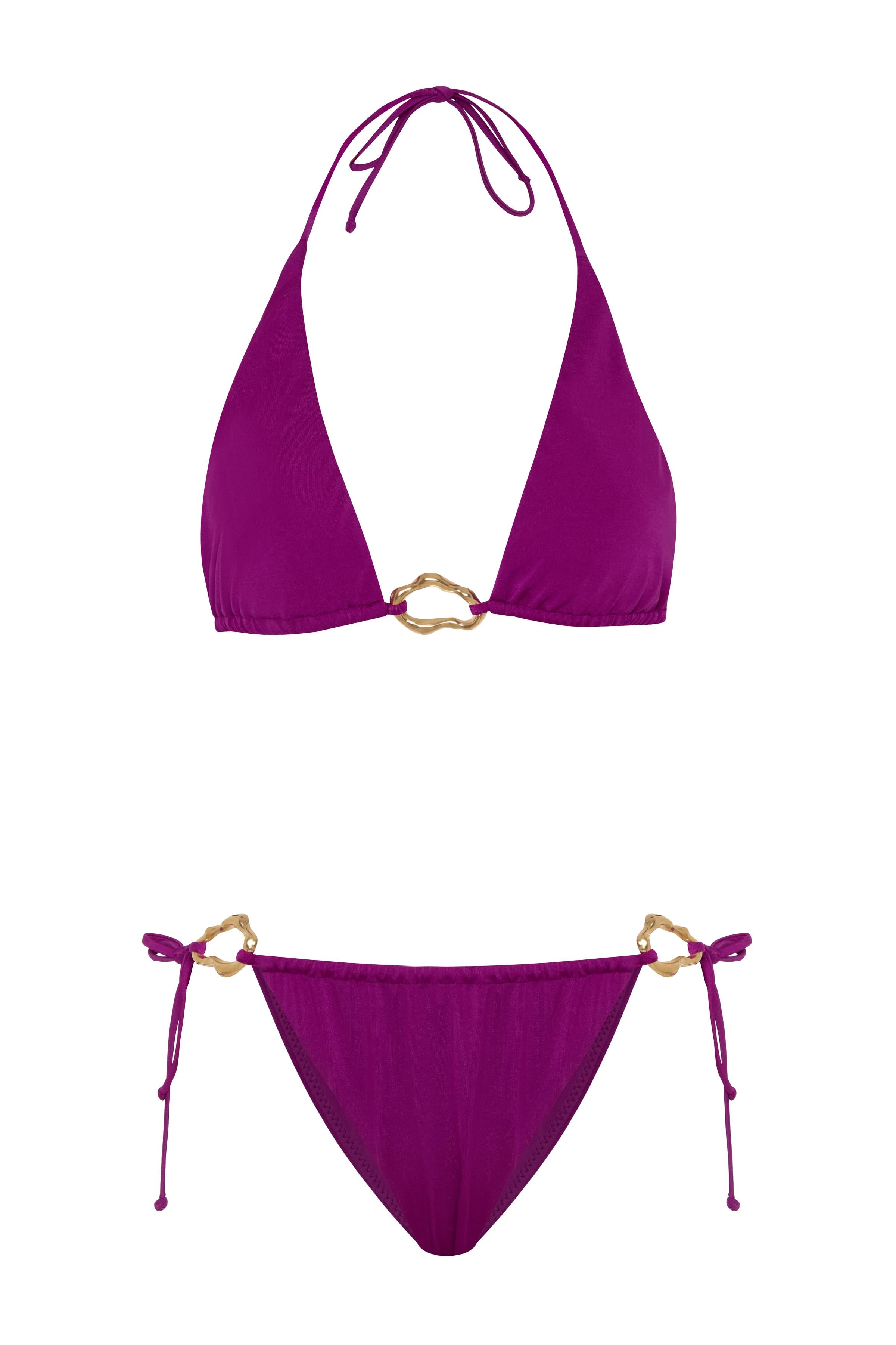 Aksesuarlı Mor Uzun Üçgen Bikini Takım