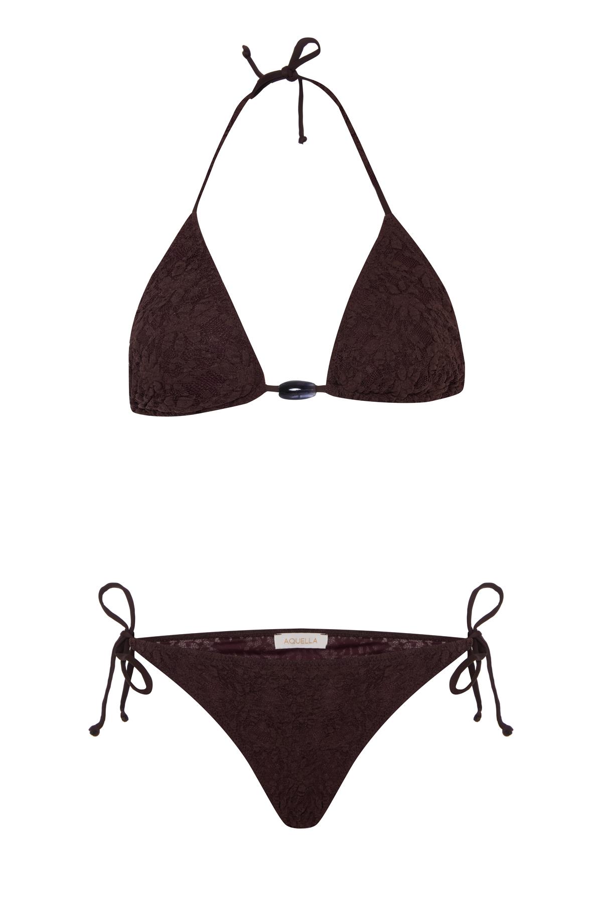 Boncuk Aksesuarlı Acı Kahve Dantel Üçgen Bikini