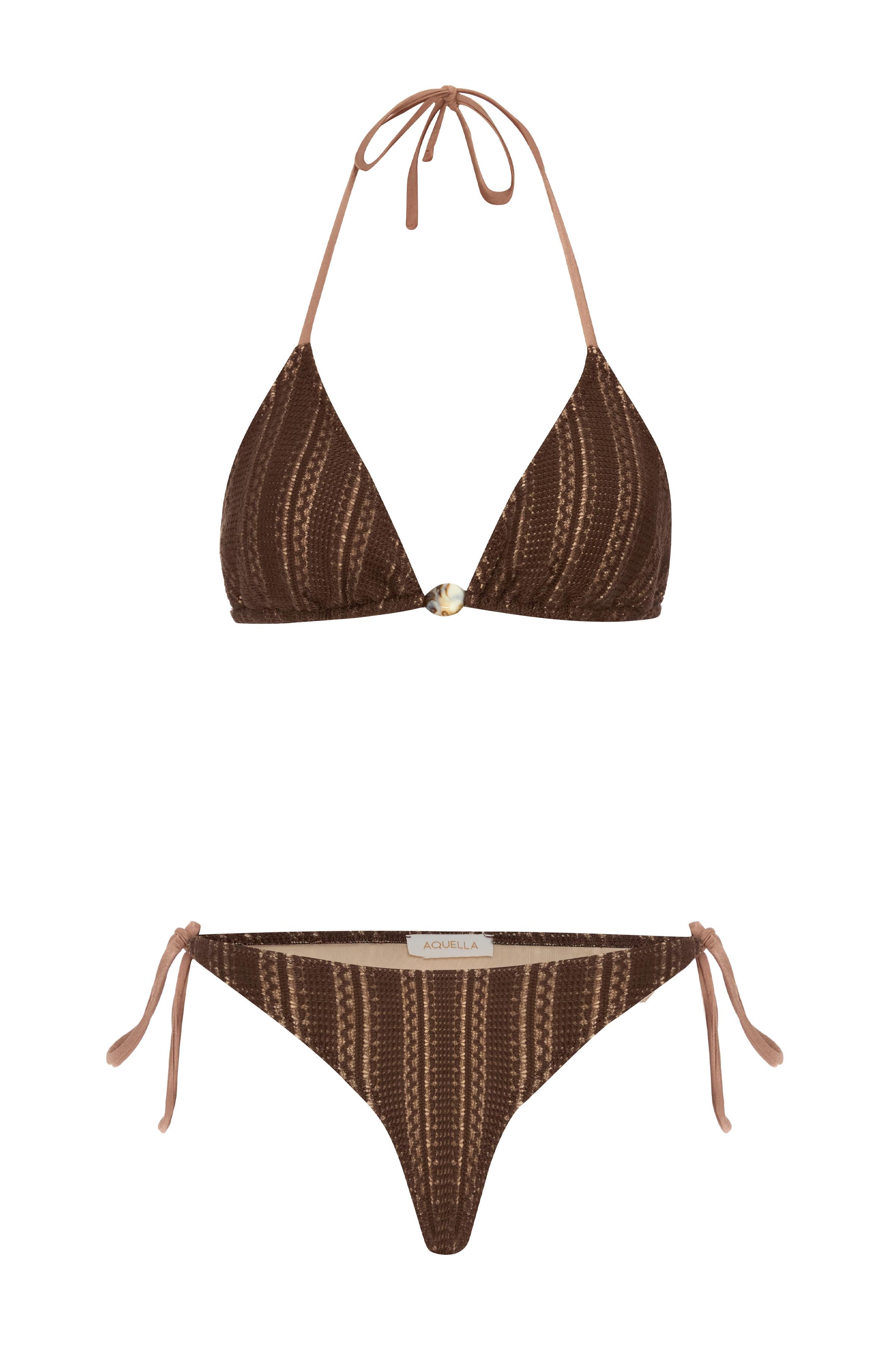 Boncuk Aksesuarlı Kahve Triko Bikini Takım