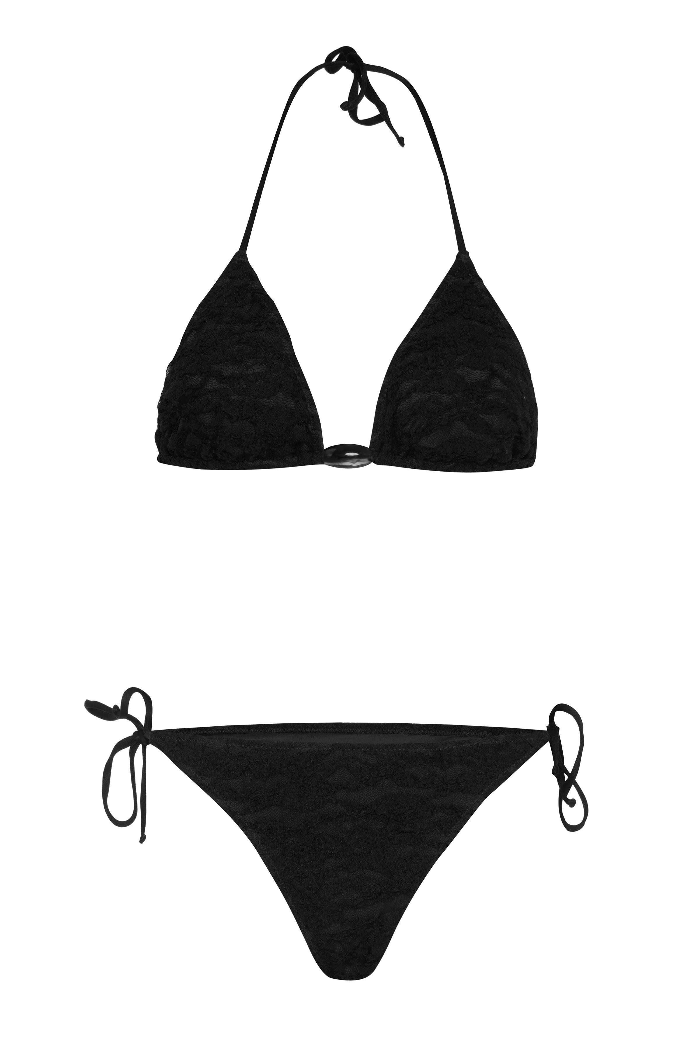 Boncuk Aksesuarlı Siyah Dantel Üçgen Bikini