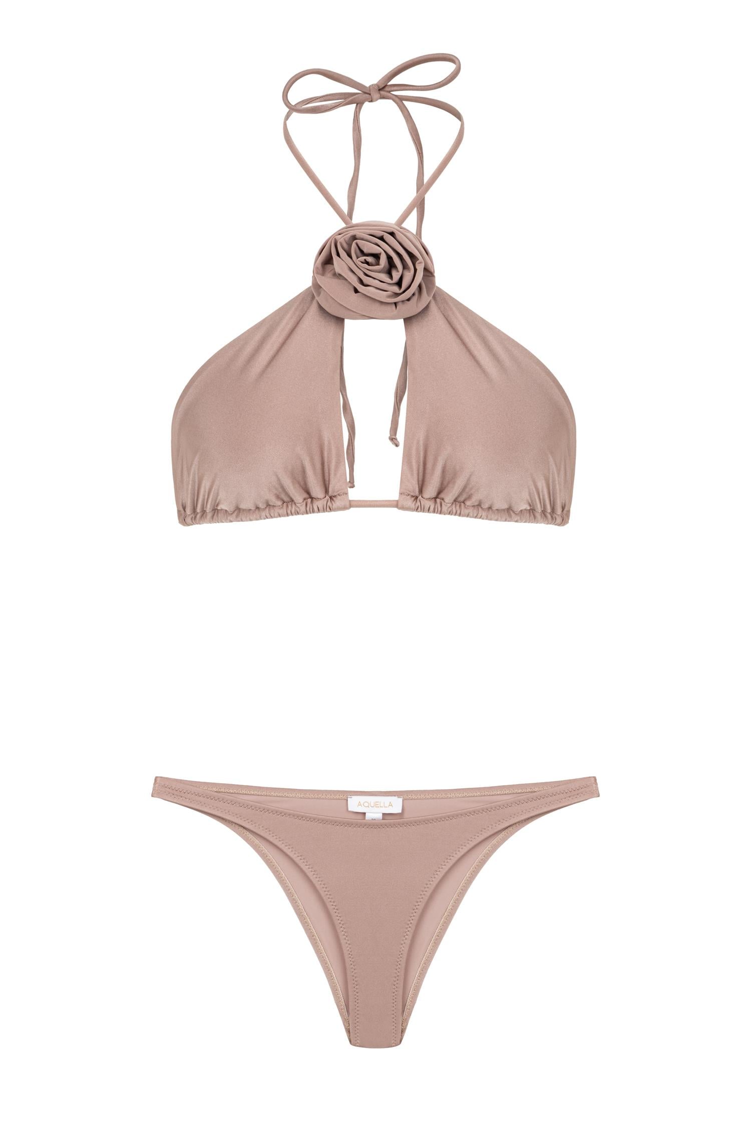 Boyun Gül Detaylı Vizon Üçgen Bikini Takım