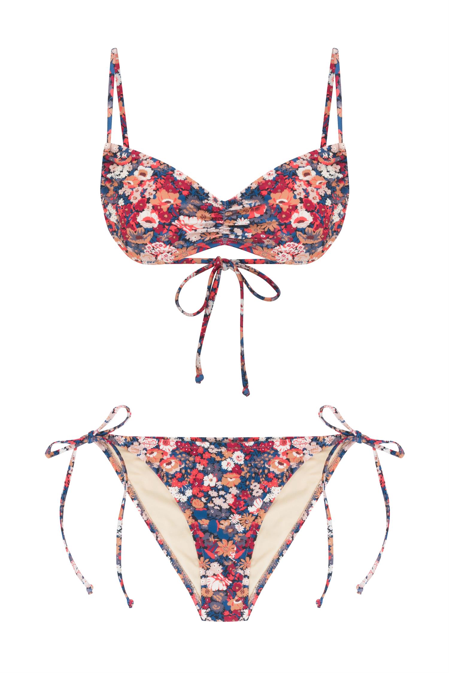 Çiçek Desenli Büzgülü Büstiyer Bikini Takım