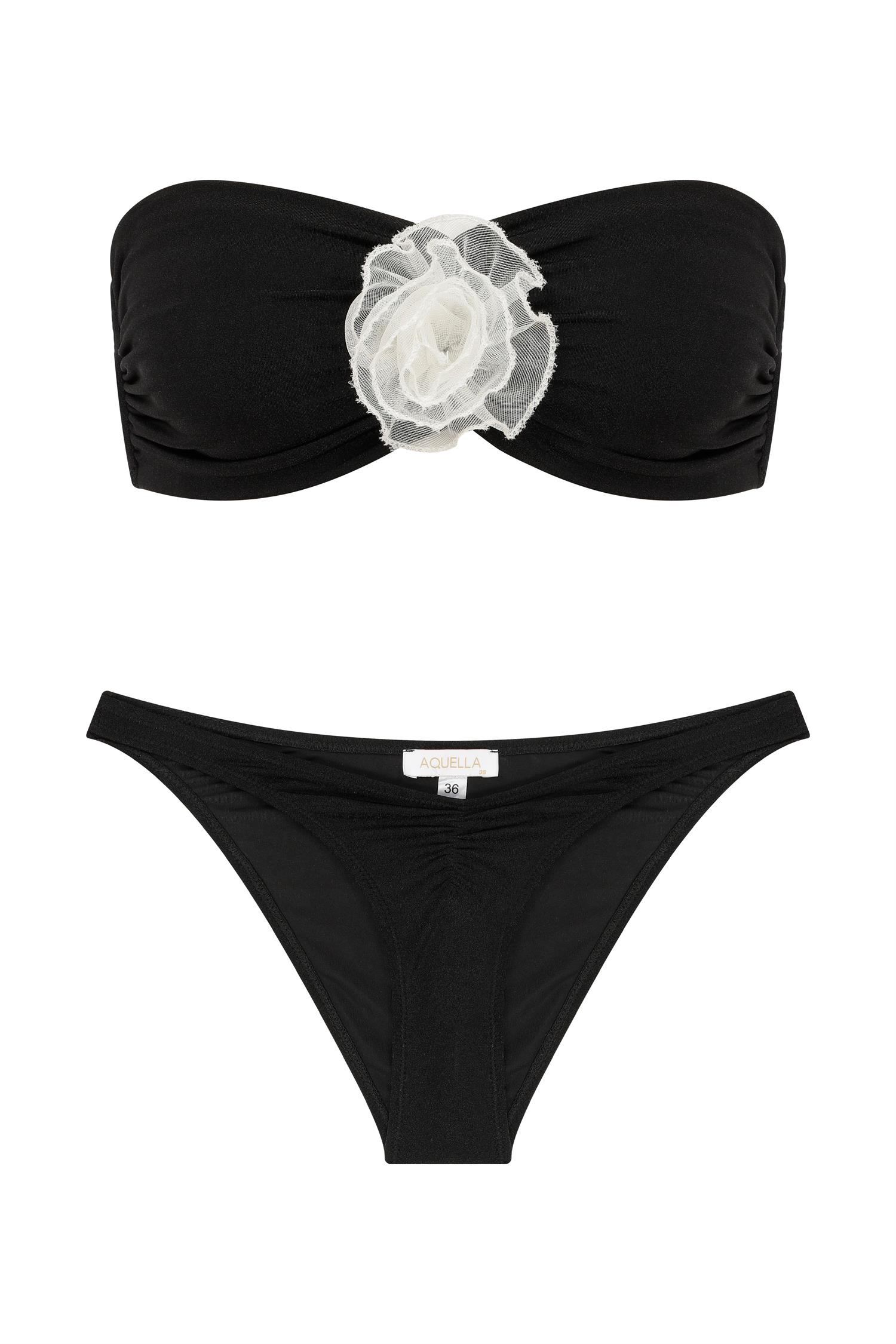 Çiçek Detaylı Siyah Straplez Bikini Takım