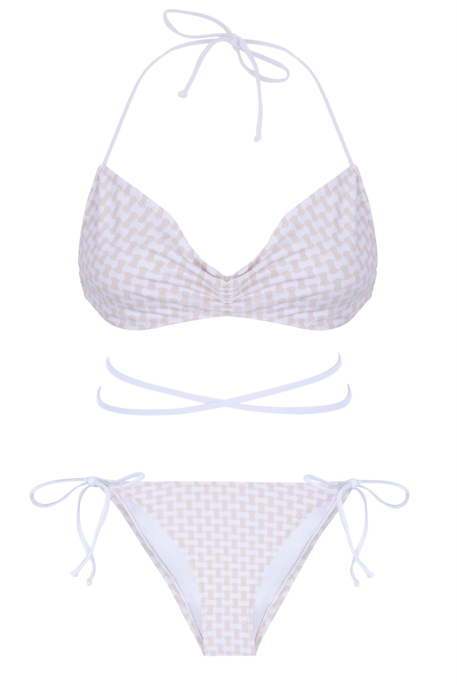 Desenli Bej Straplez Büzgülü Bikini Takım