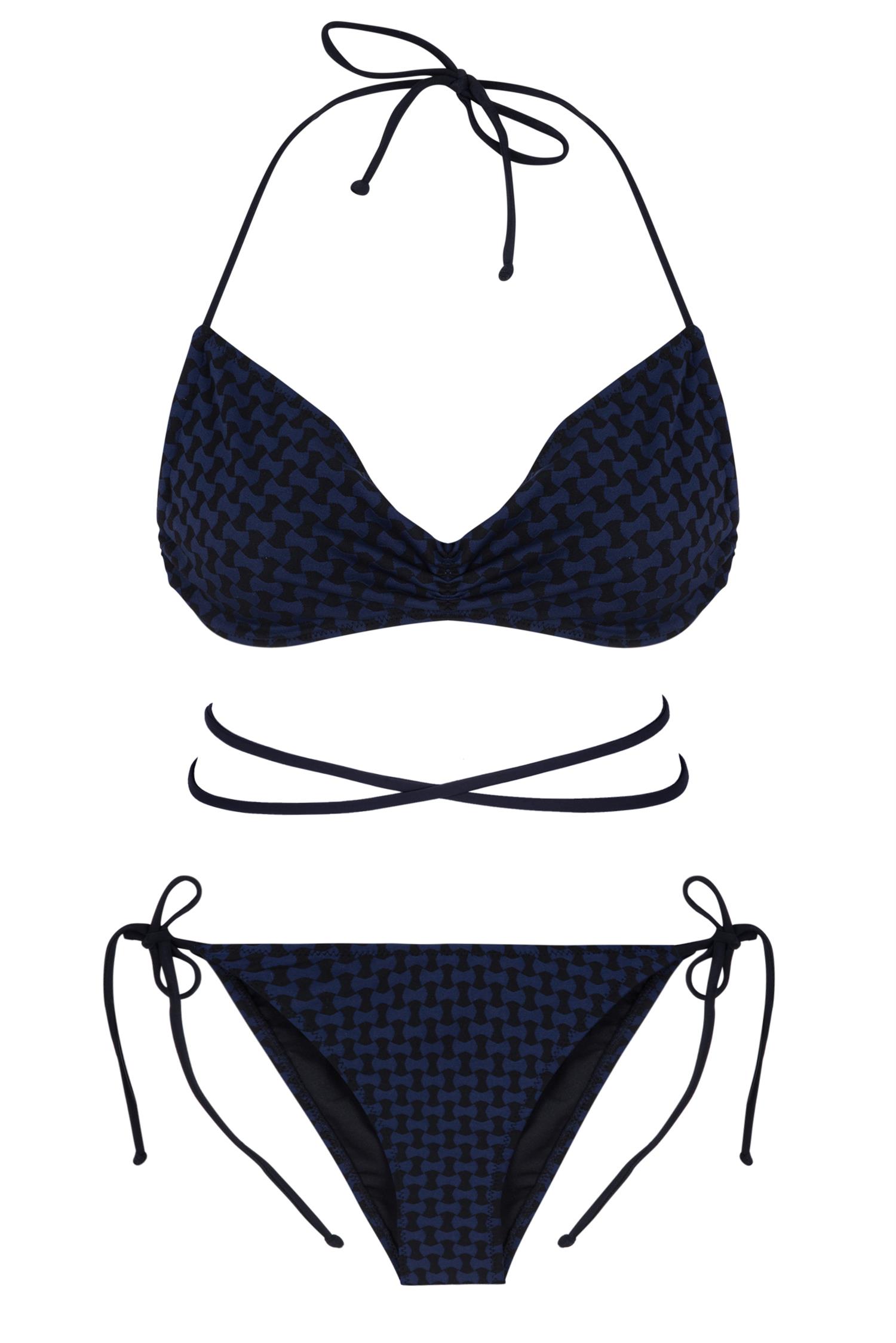 Desenli Lacivert Straplez Büzgülü Bikini Takım
