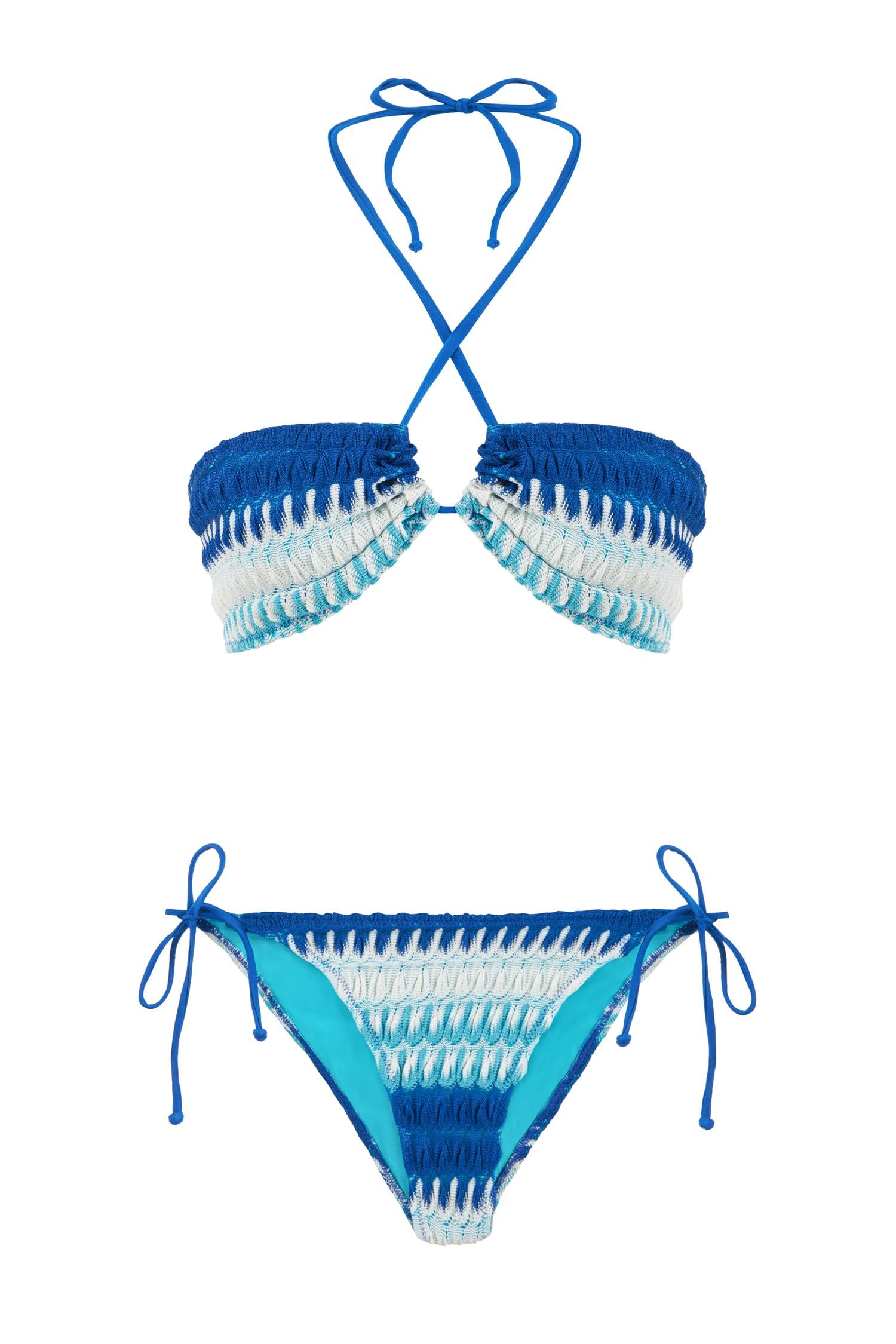 Desenli Triko Straplez Halter Bikini Takım
