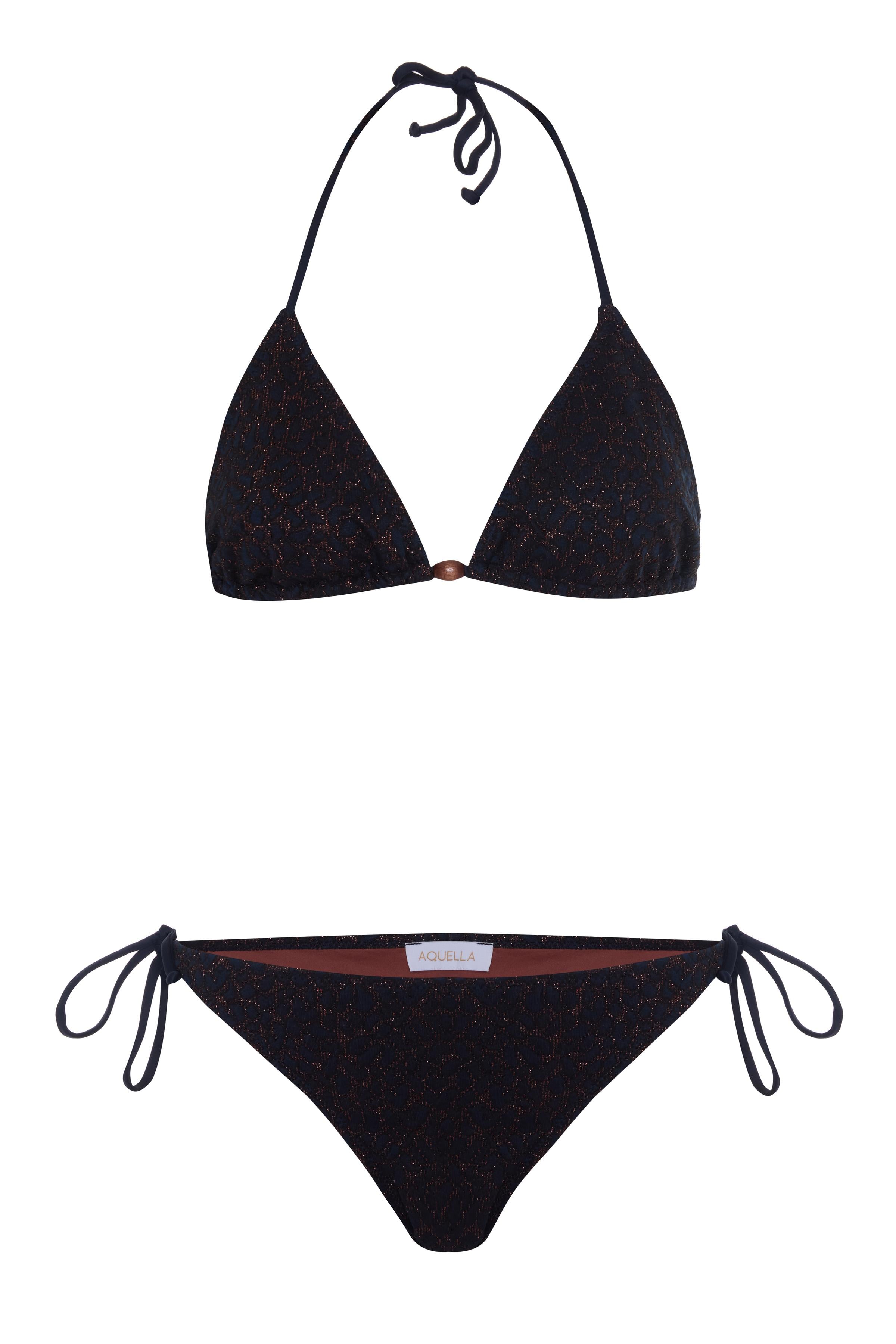 Dokulu Kahverengi Sim Detaylı Üçgen Bikini Takım