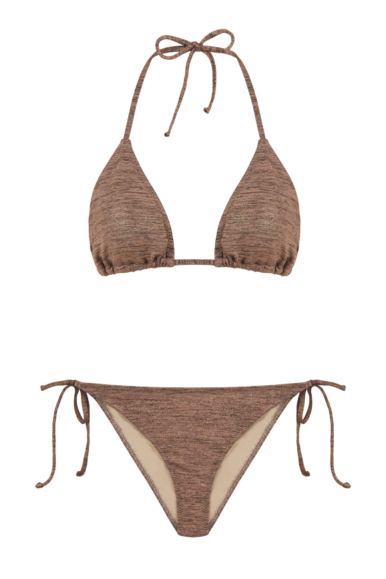 Dokulu Kahverengi Üçgen Bikini Takım