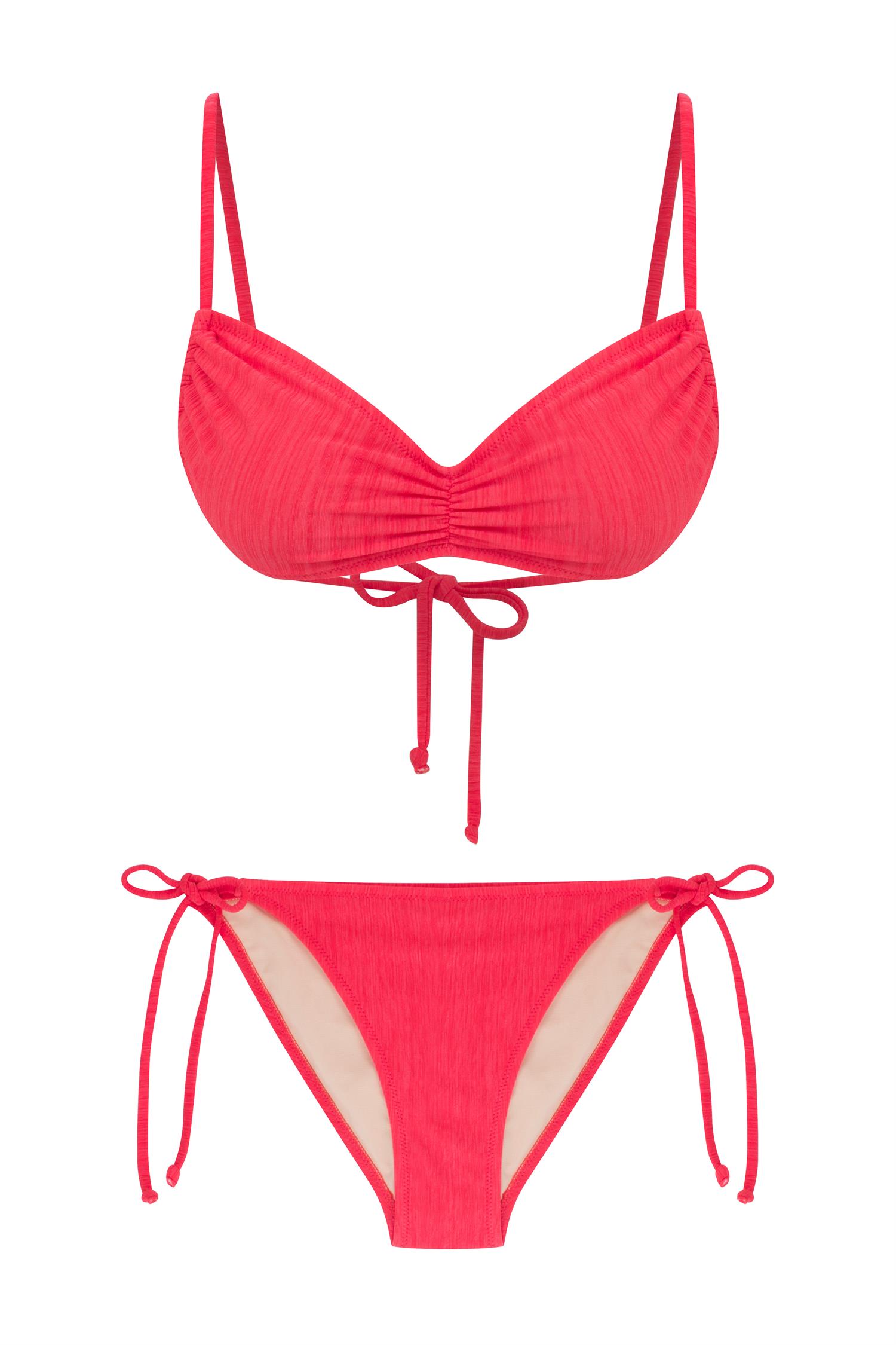 Dokulu Kırmızı Büzgülü Büstiyer Bikini Takım