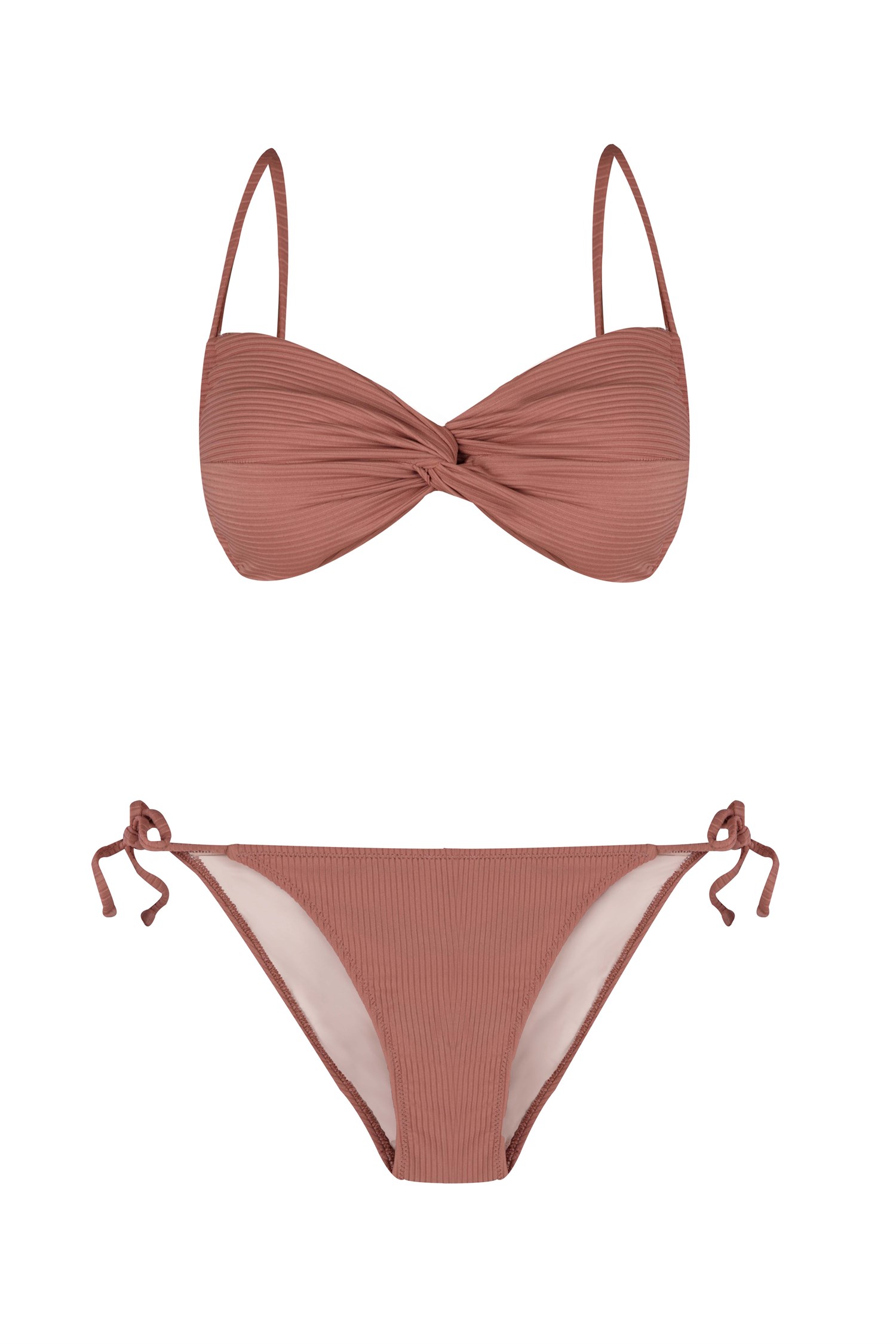 Dönmeli Straplez Dokulu Sütlü Kahve Bikini Takım