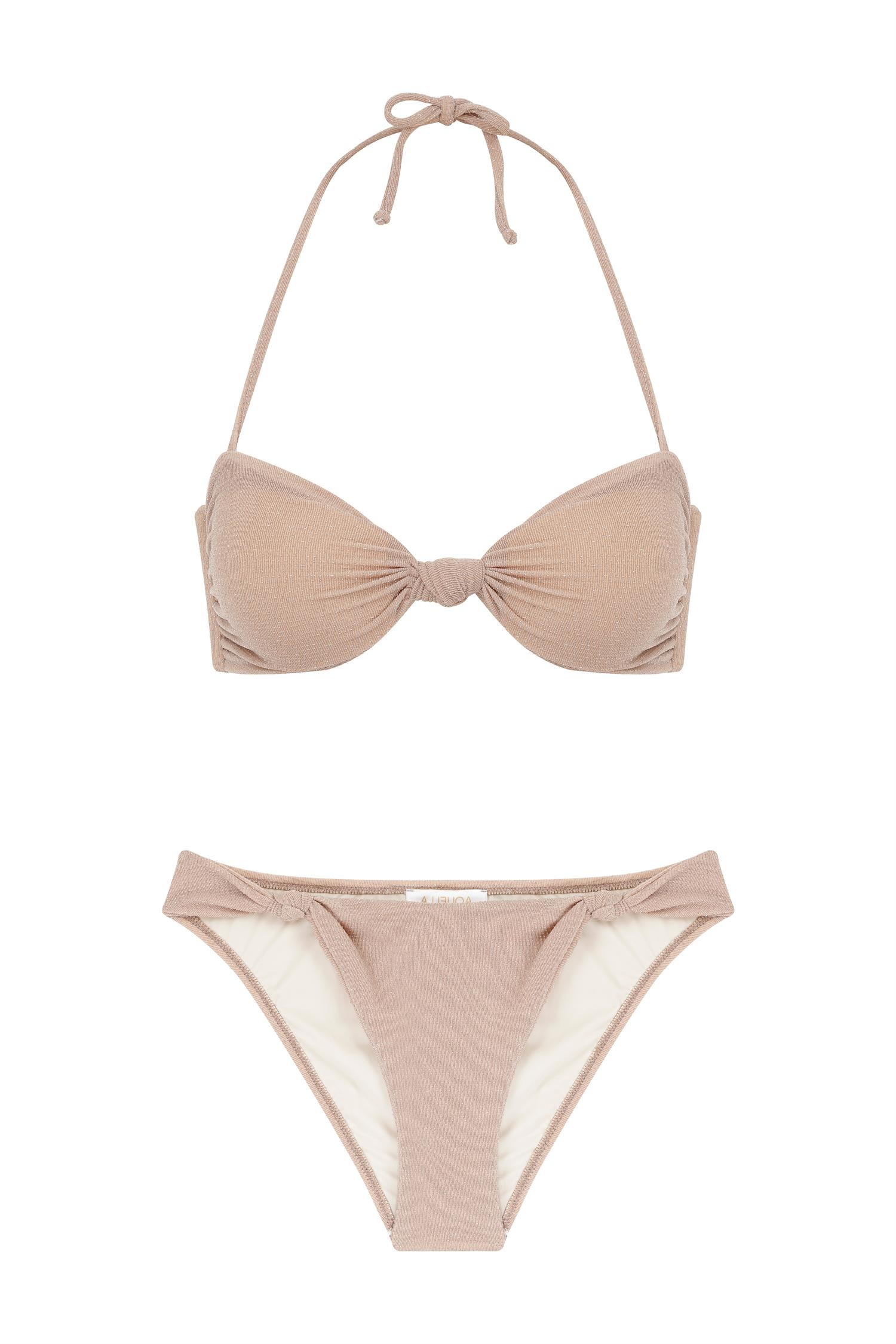 Düğüm Detaylı Simli Vizon Straplez Bikini Takım