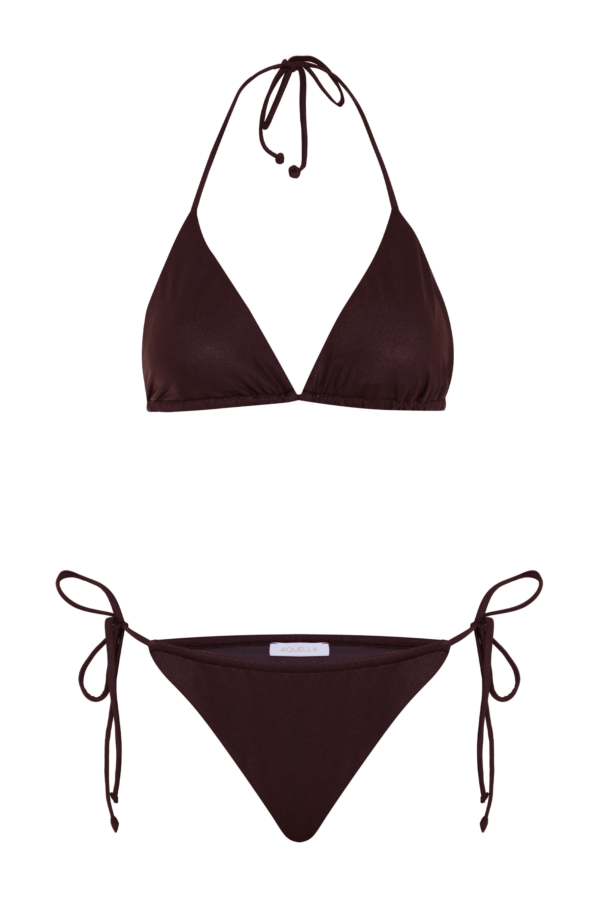 Düz Kahverengi Üçgen Bikini Takım