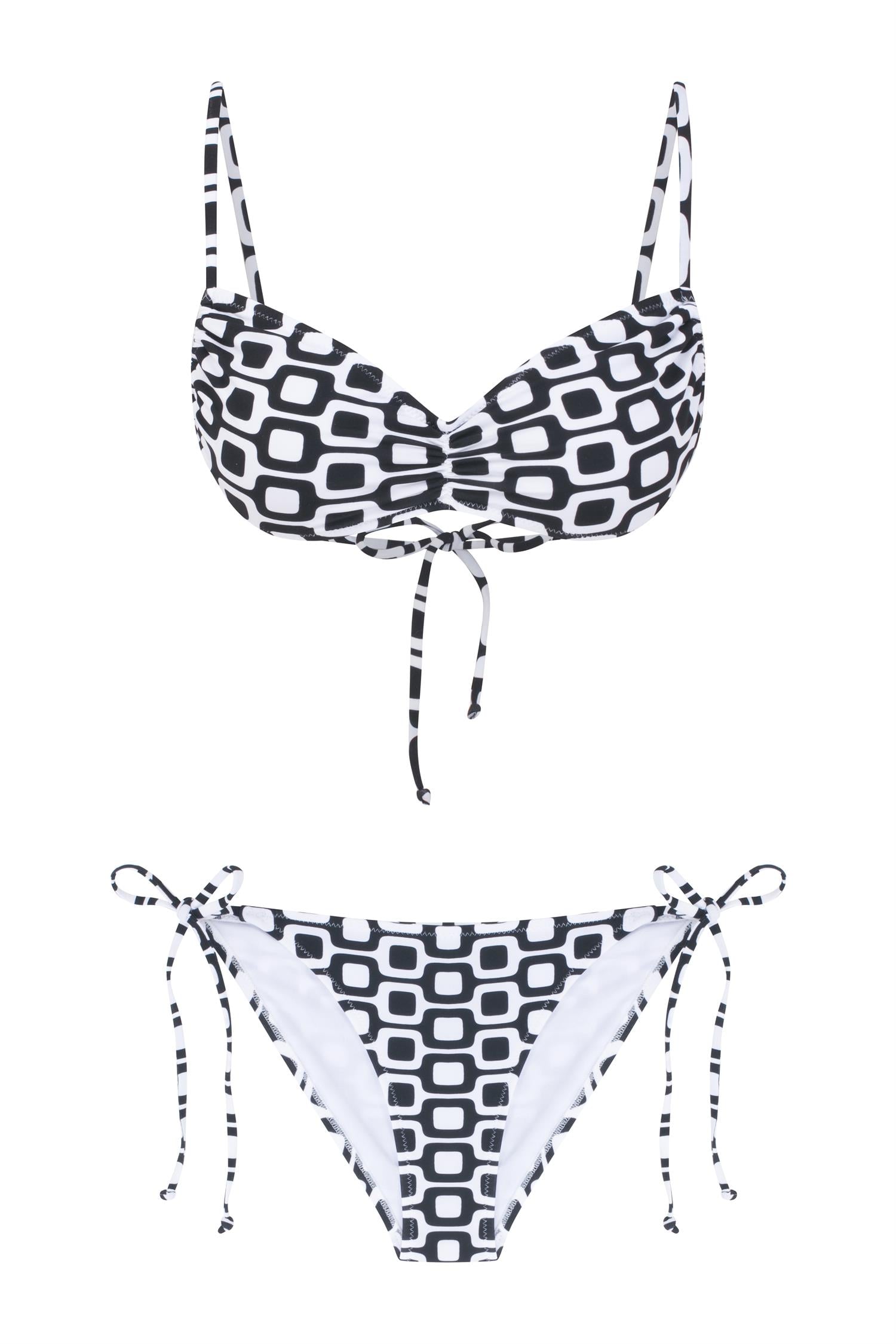 Geometrik Desenli Büzgülü Büstiyer Bikini Takım