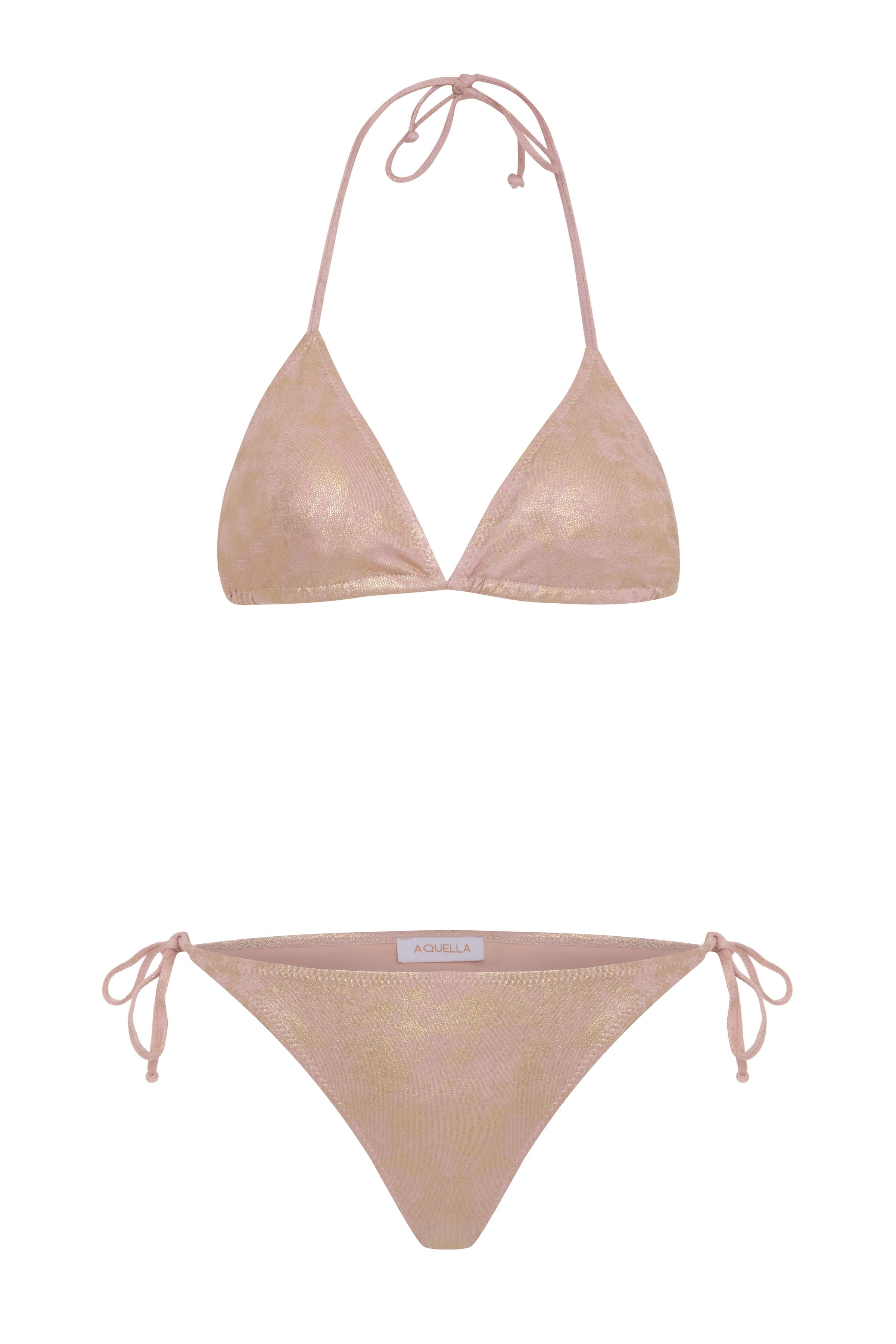 Gold Lame Baskı Pembe Üçgen Bikini Takım