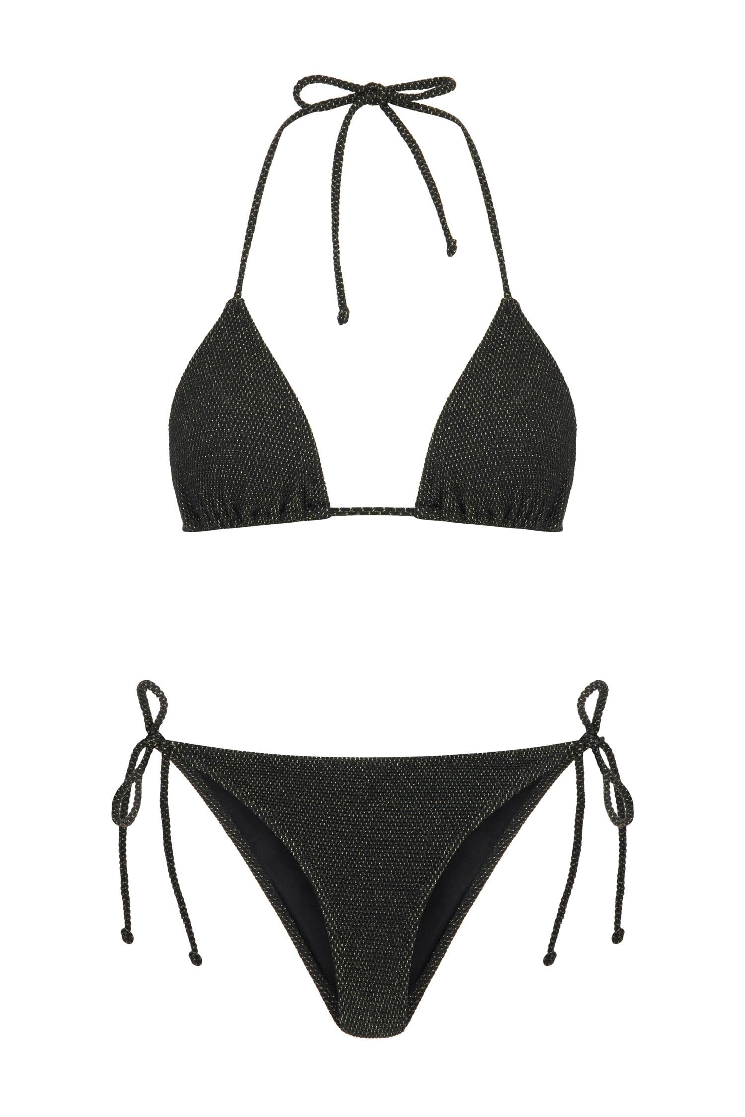 Gold Simli Siyah Arkası Büzgülü Bikini Takım