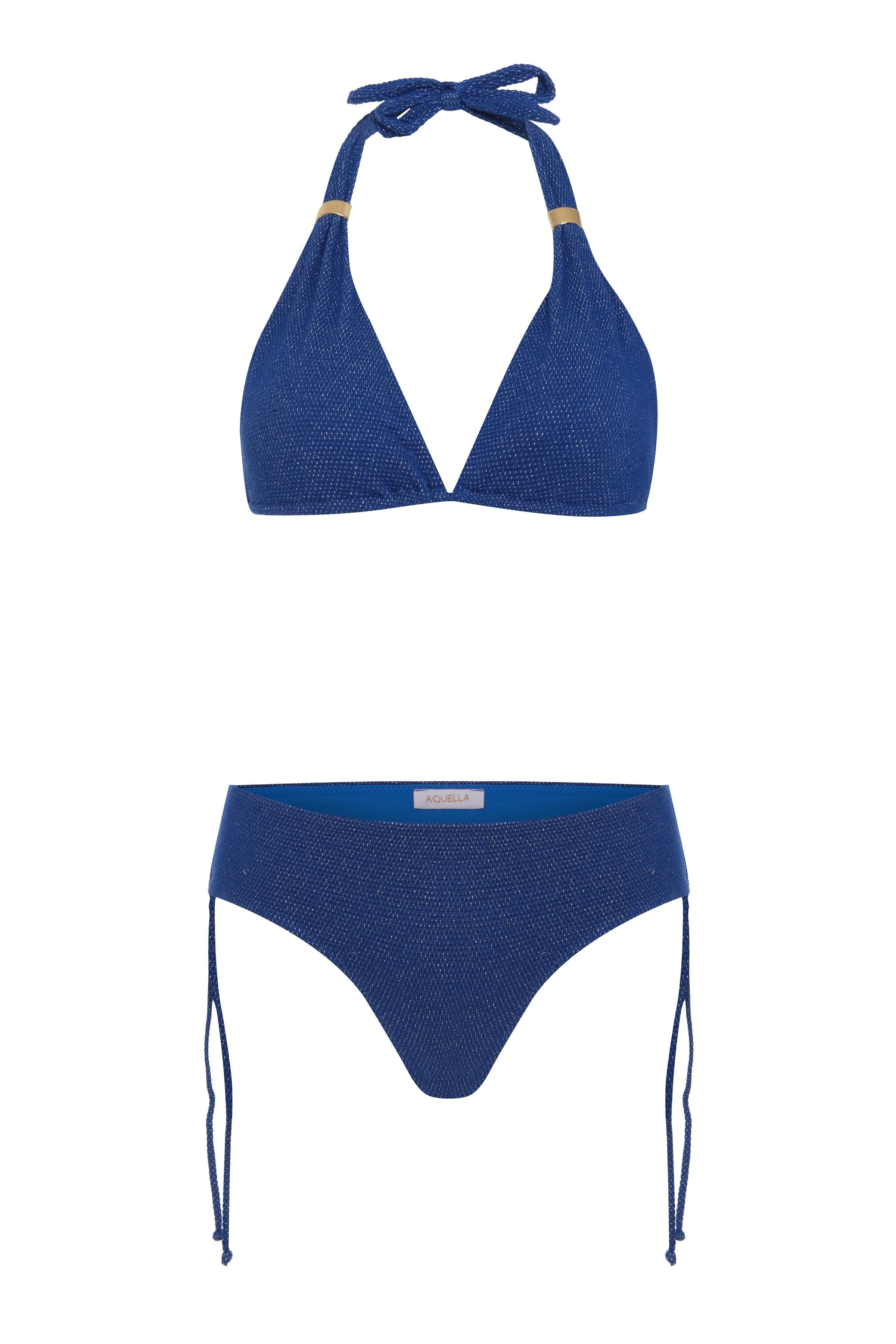 Gümüş Simli Dokulu Saks Mavi Uzun Üçgen Bikini Takım