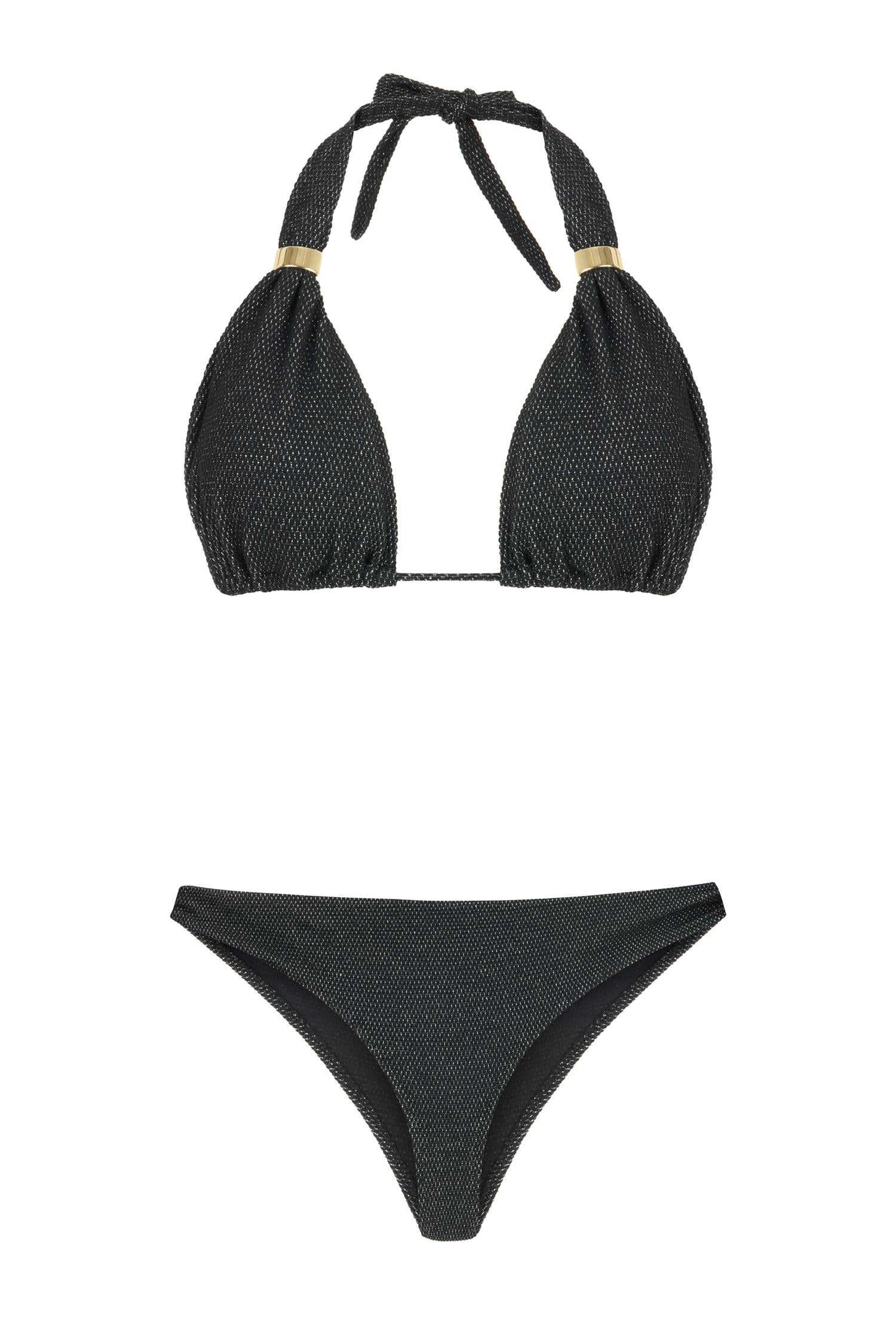 Gümüş Simli Dokulu Siyah Uzun Üçgen Bikini Takım