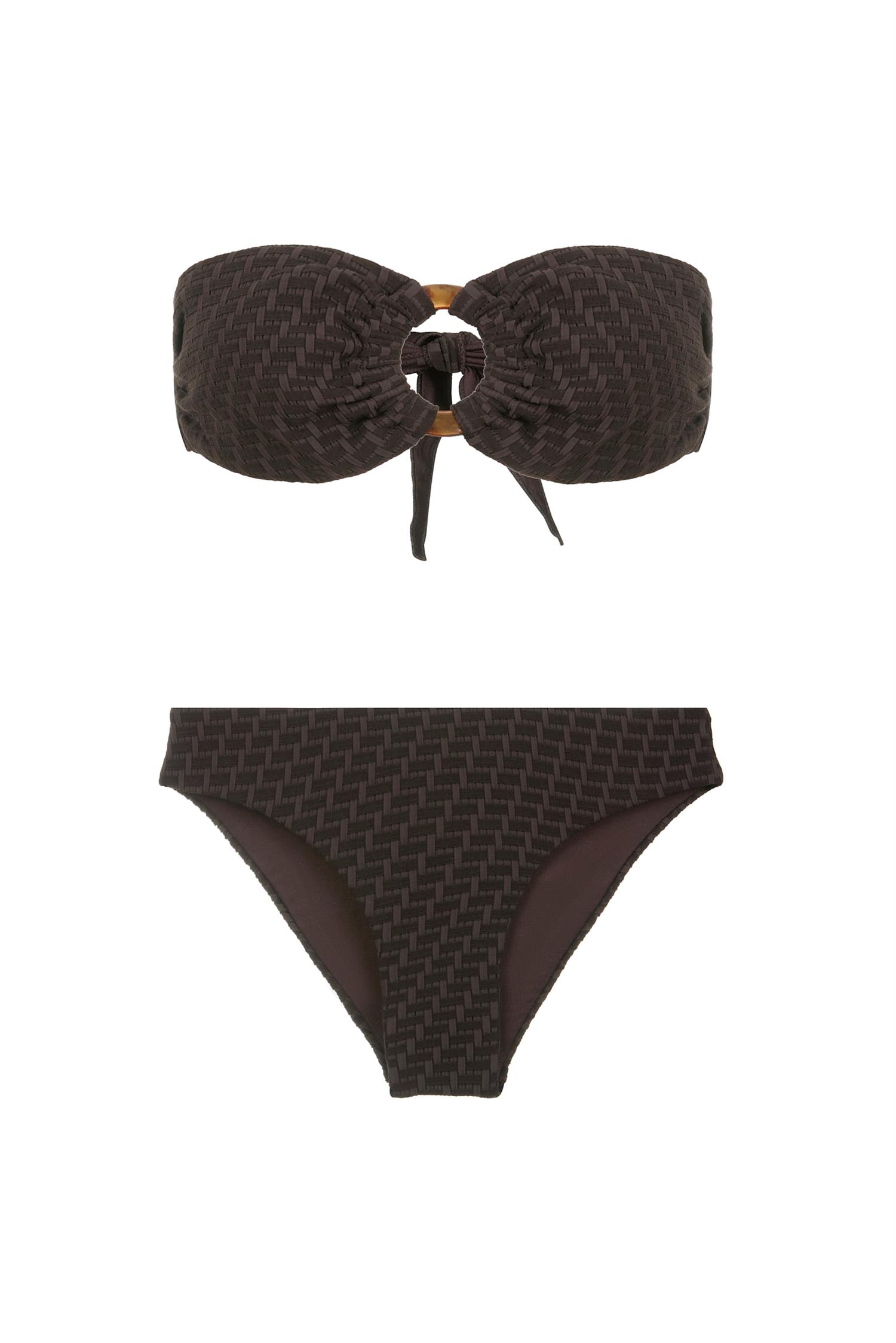 Halka Aksesuarlı Dokulu Acı Kahve Bikini Takım