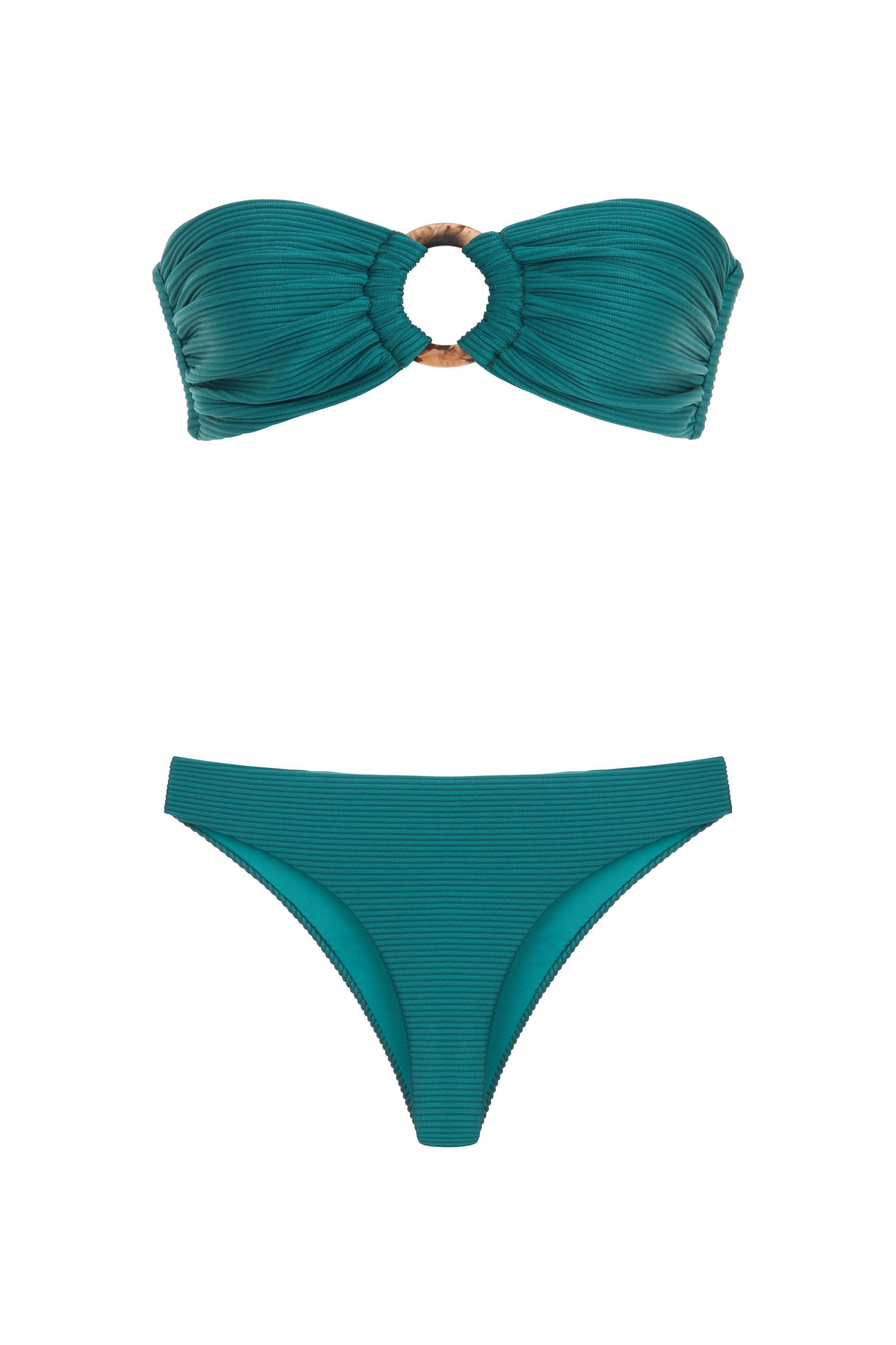 Halka Toka Aksesuarlı Dokulu Koyu Yeşil Bikini