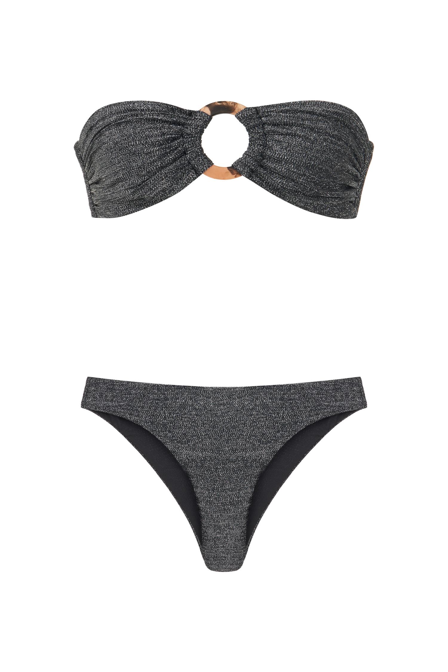 Halka Toka Aksesuarlı Simli Siyah Straplez Bikini