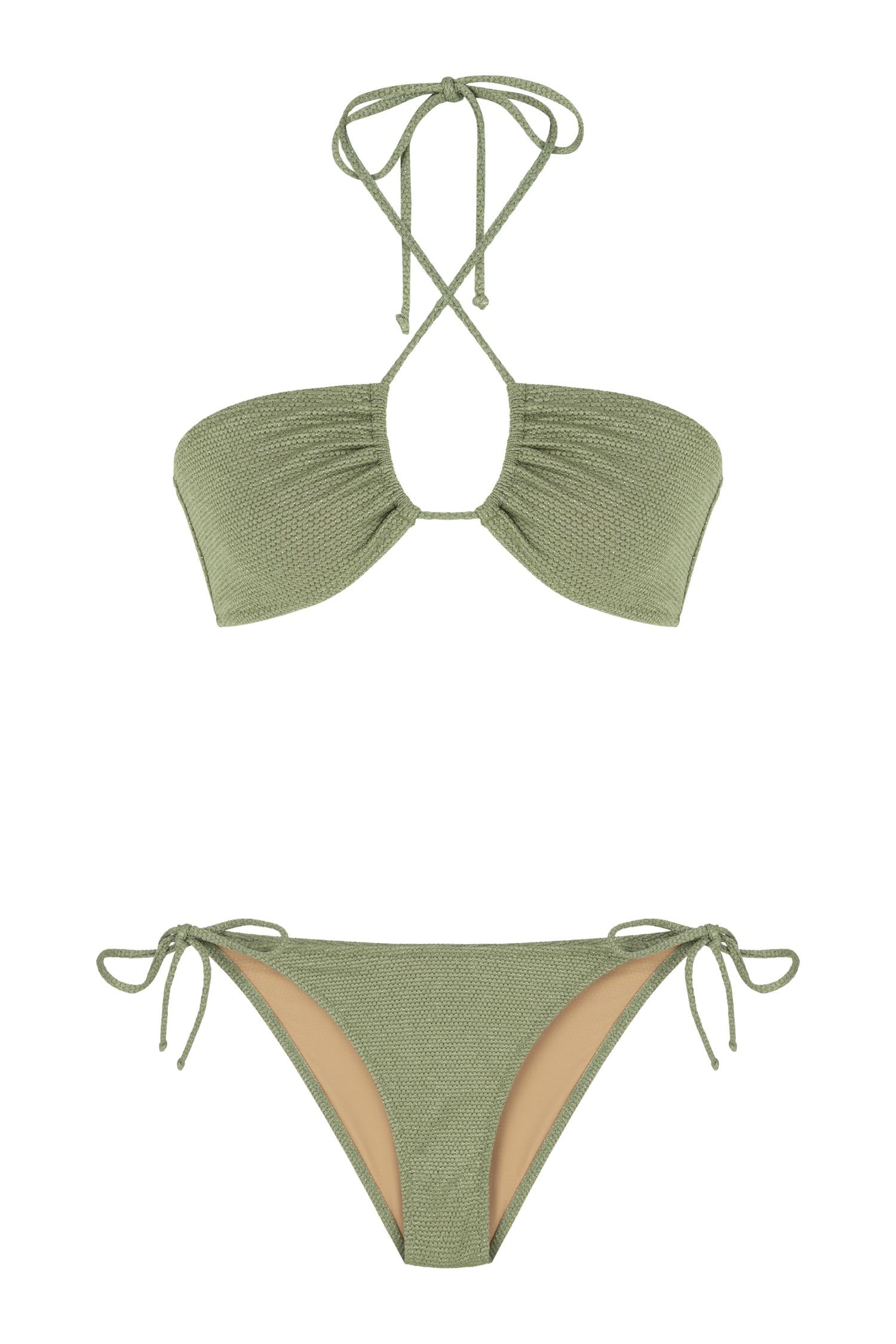 Halter Yaka Gold Simli Dokulu Haki Bikini Takım