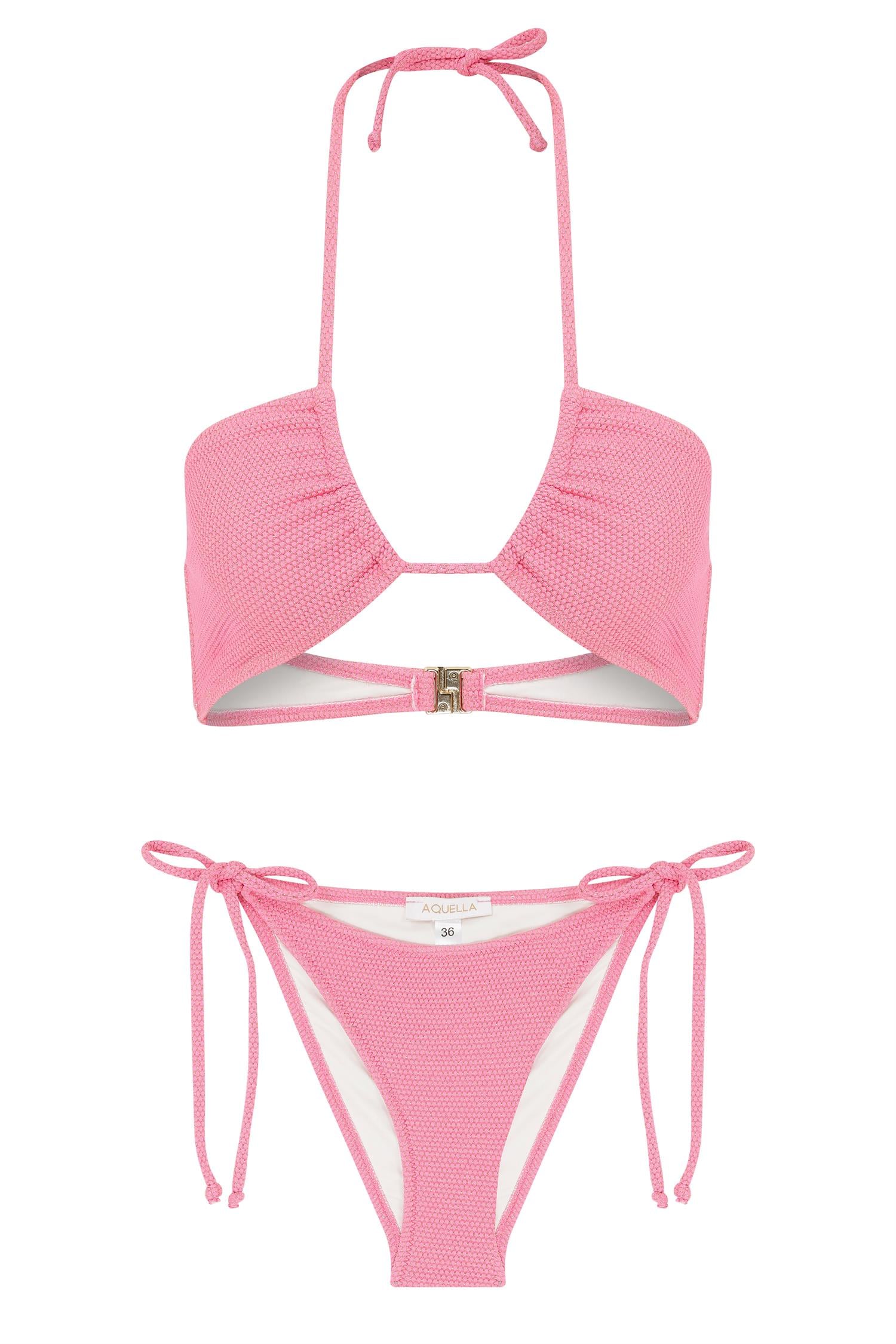 Halter Yaka Gold Simli Dokulu Pembe Bikini Takım
