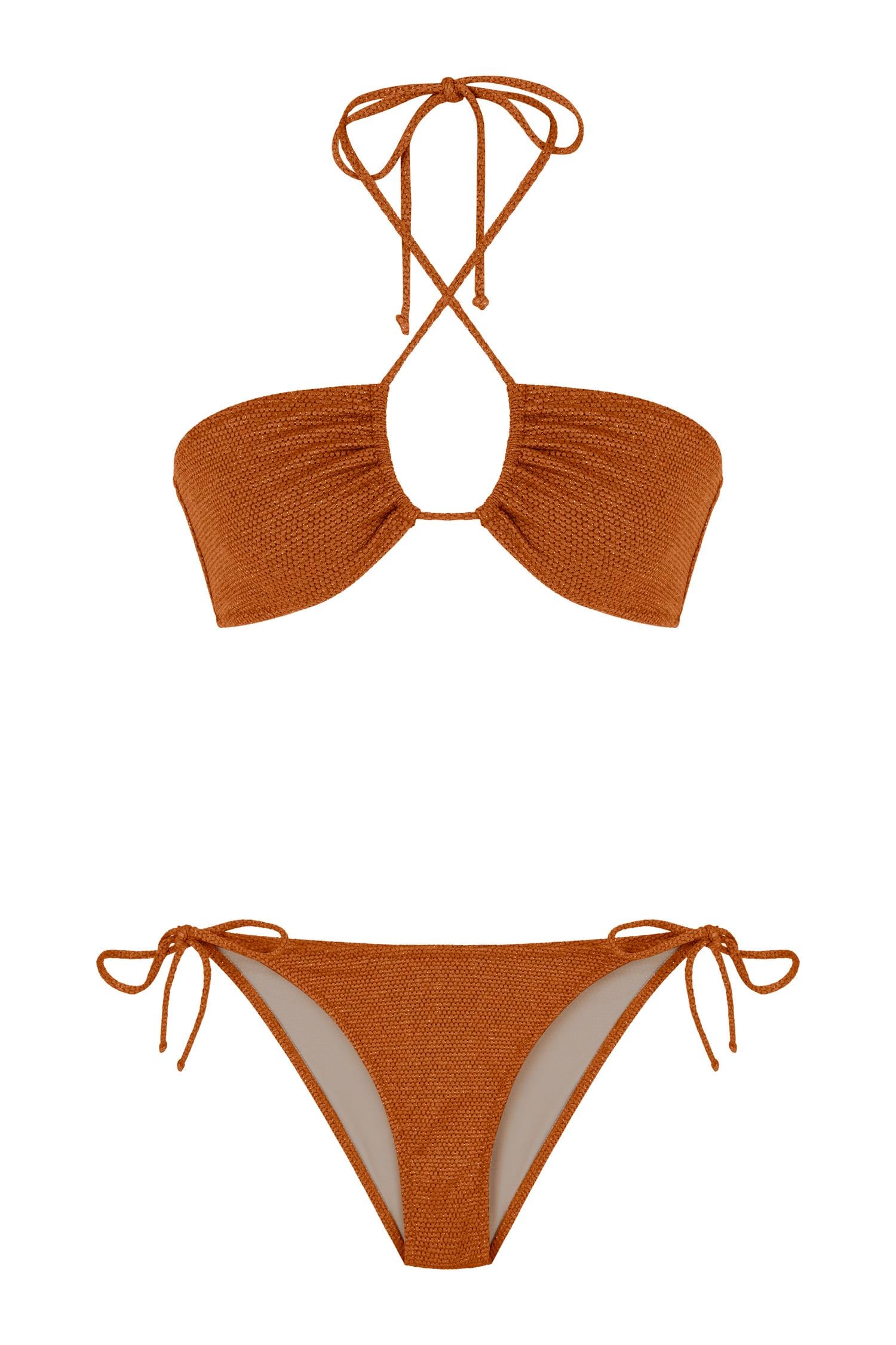 Halter Yaka Gold Simli Dokulu Turuncu Bikini Takım