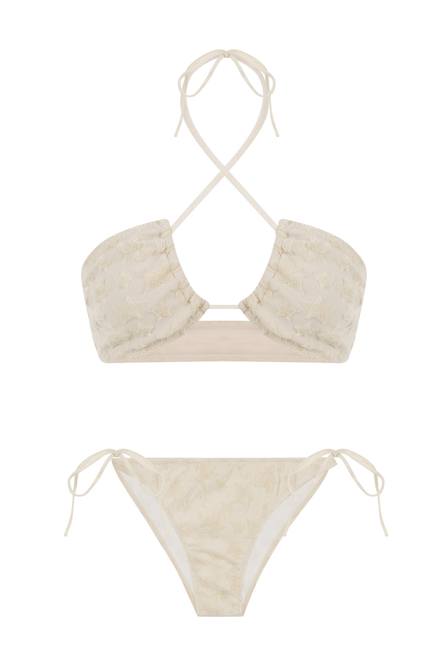 Halter Yaka Havlu Bej Bikini Takım