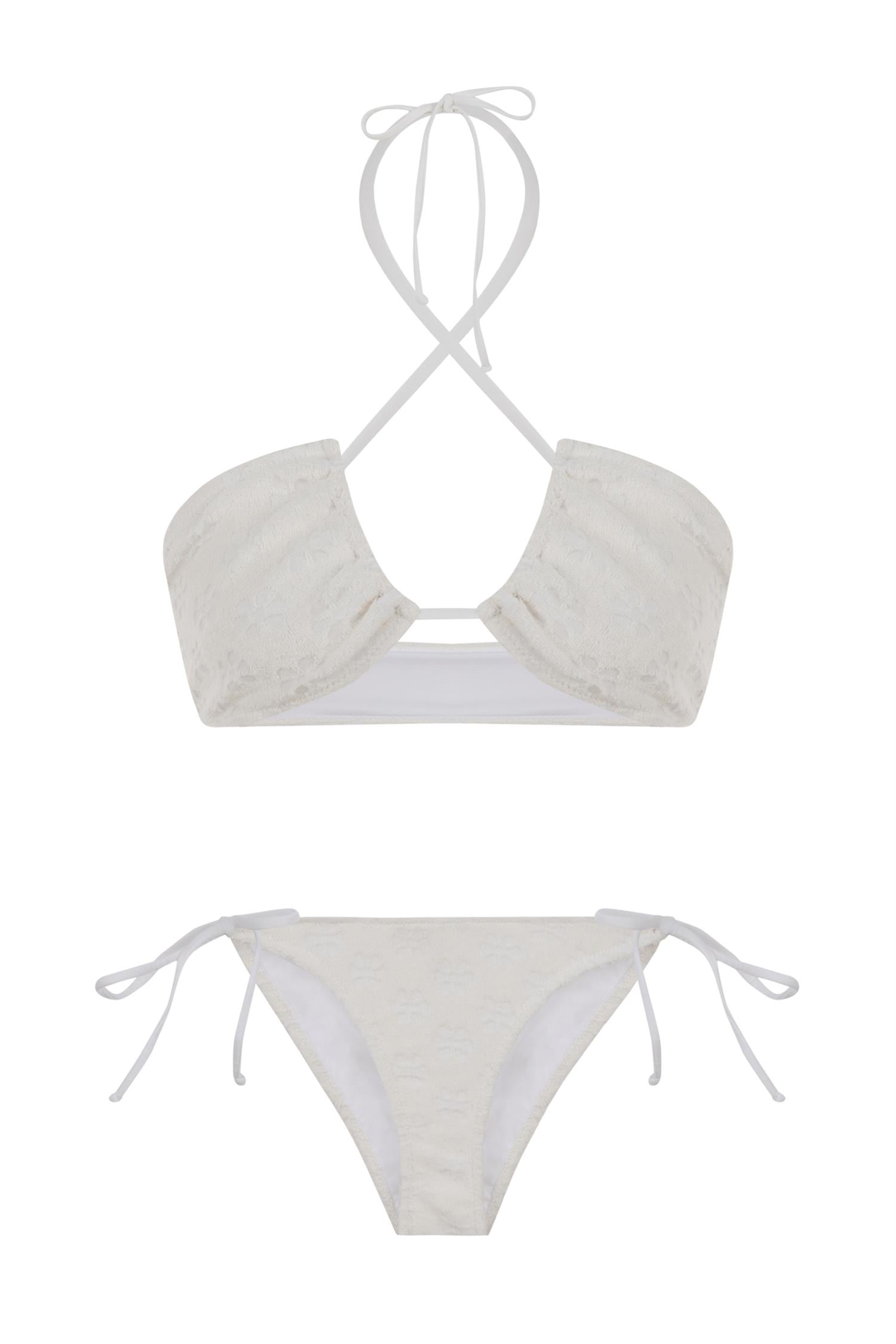 Halter Yaka Havlu Ekru Bikini Takım