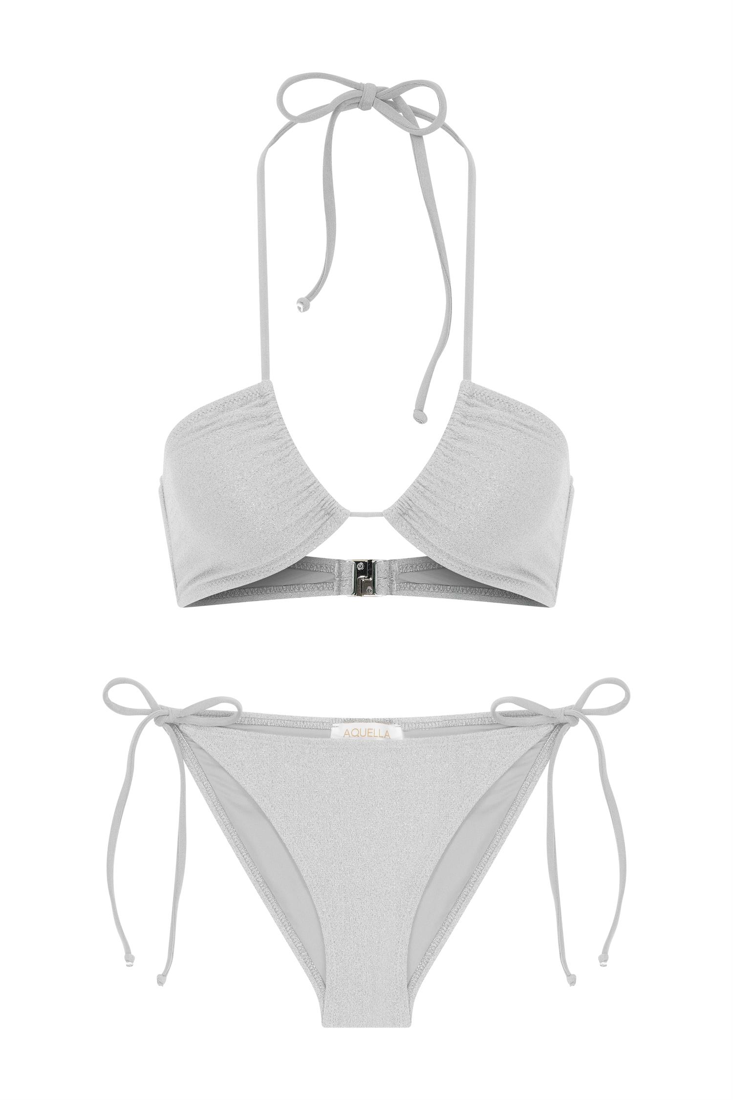 Halter Yaka Parlak Gri Simli Bikini Takım