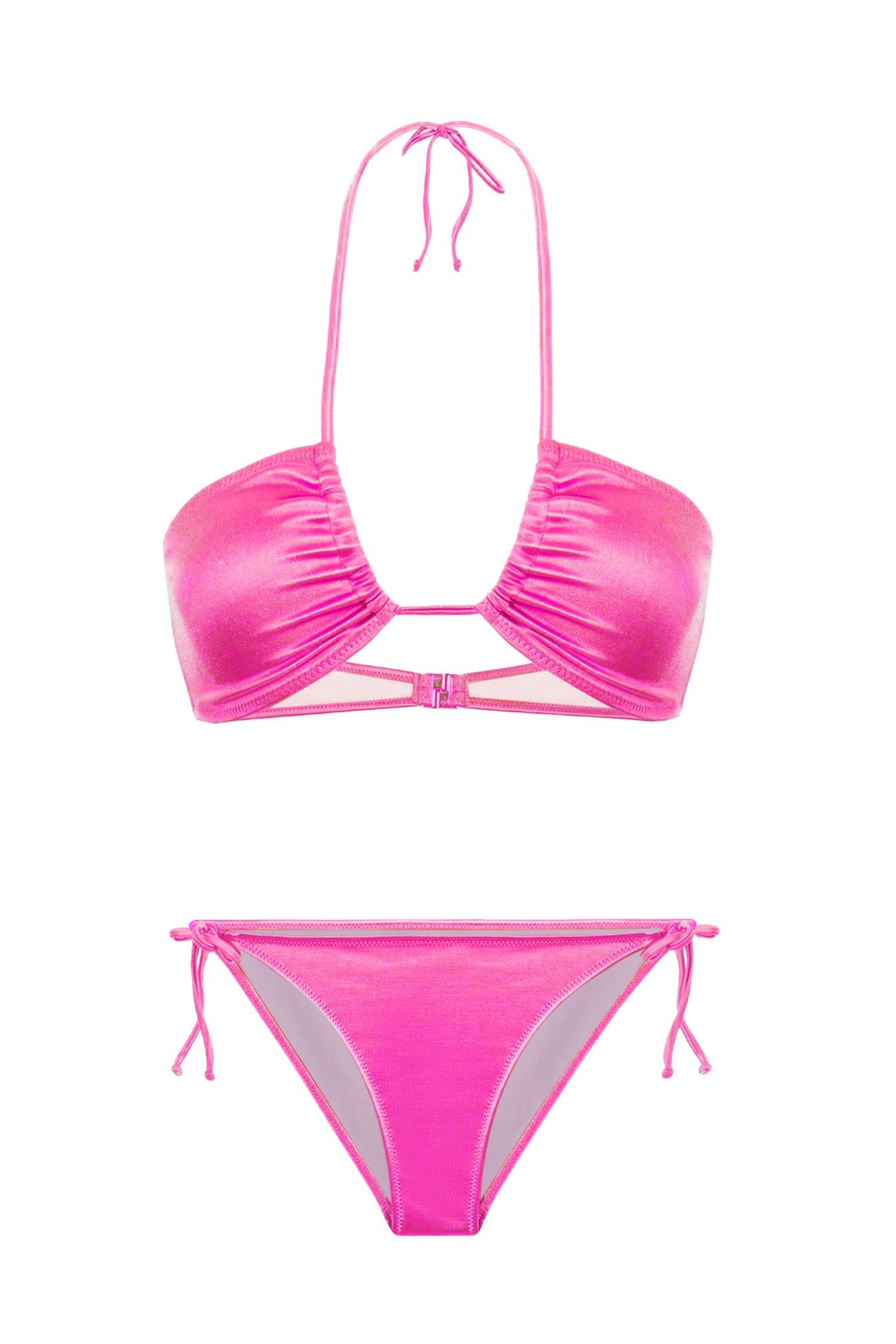 Halter Yaka Saten Neon Pembe Bikini Takım