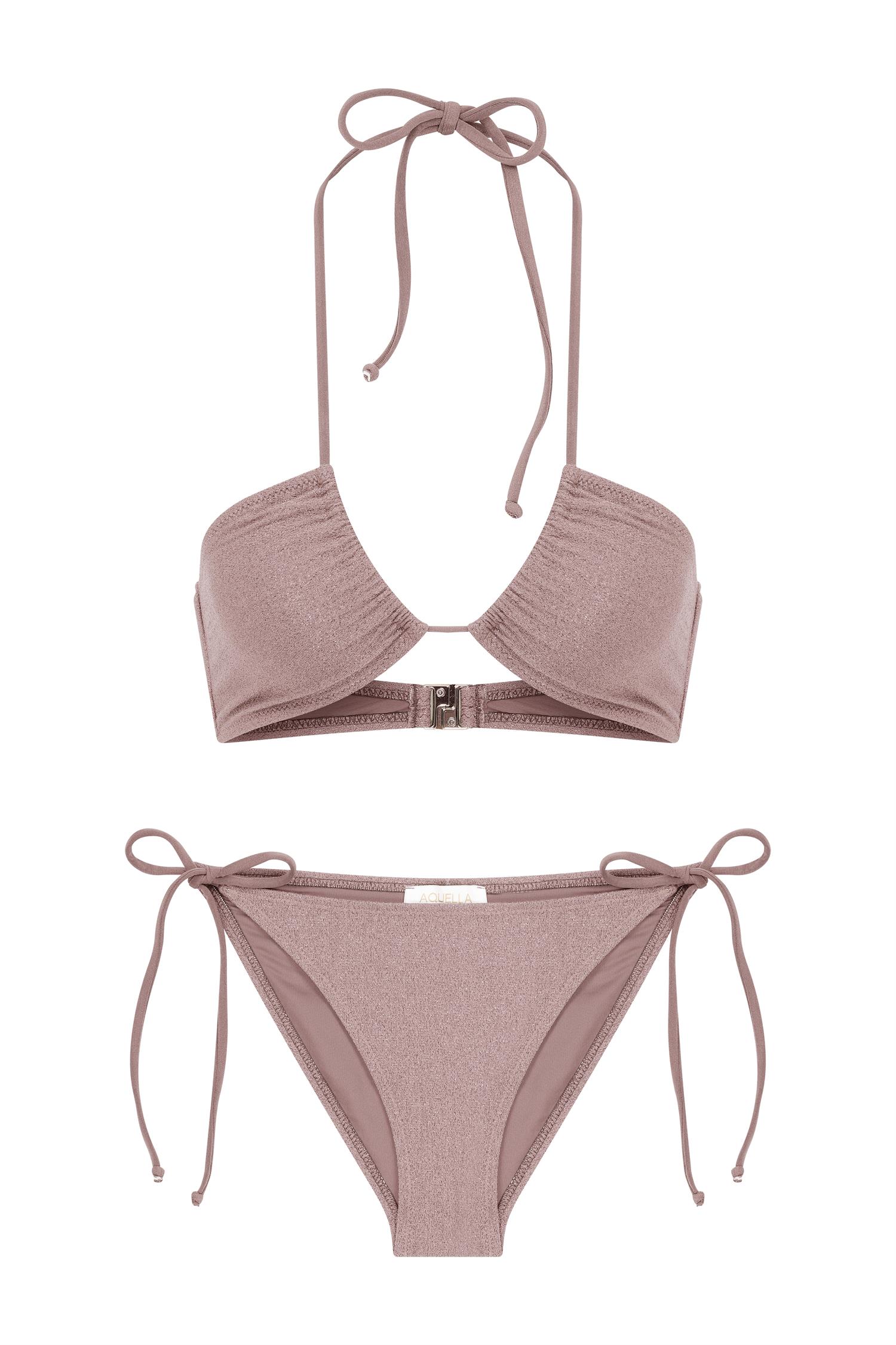 Halter Yaka Simli Gül Kurusu Bikini Takım