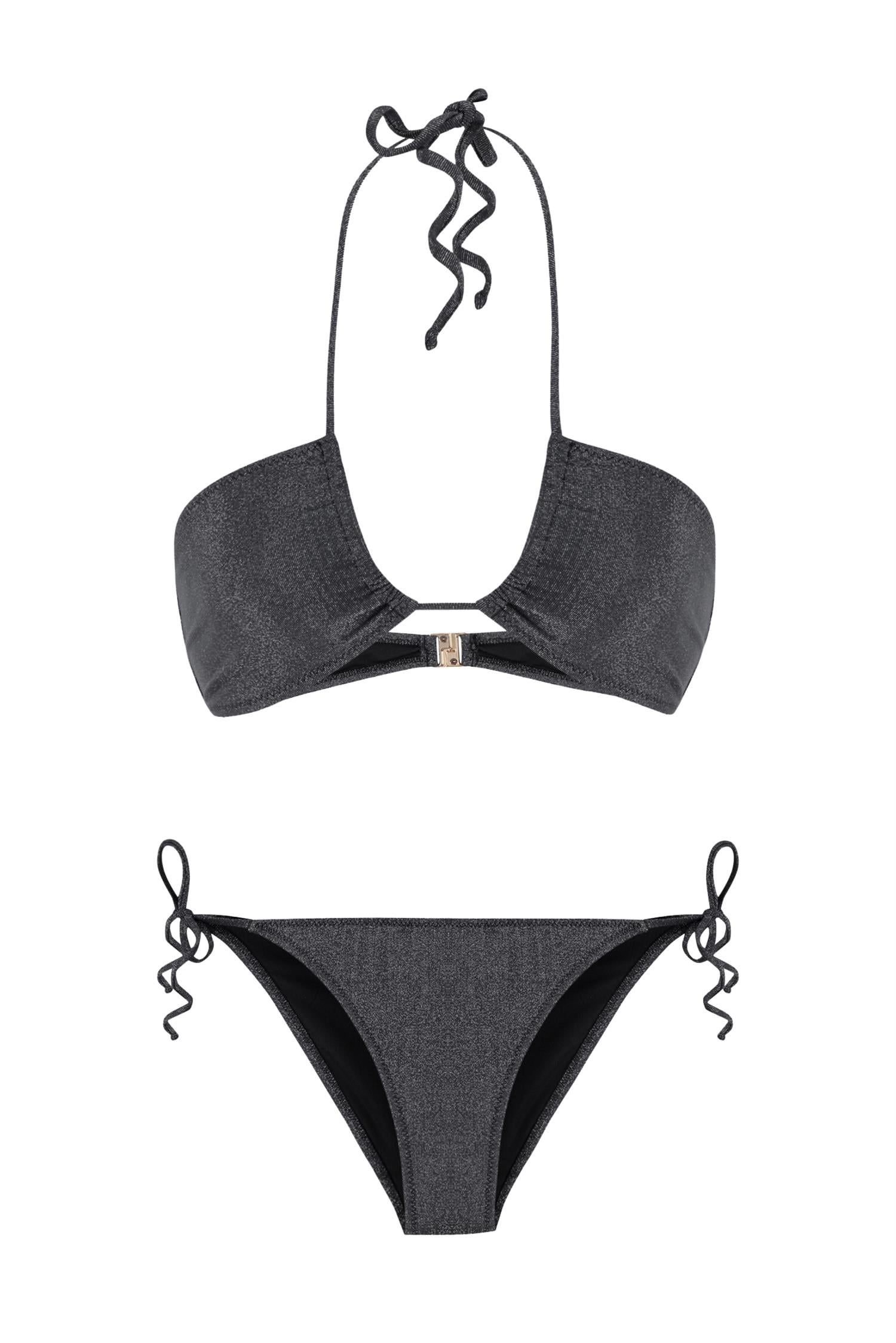Halter Yaka Simli Siyah Bikini Takım