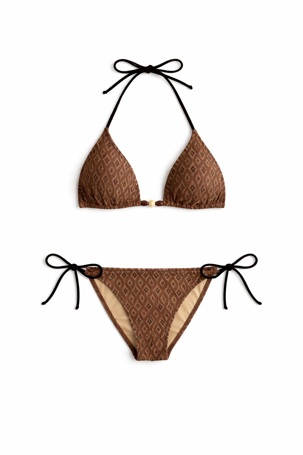 Jakarlı Desenli Vizon Üçgen Bikini Takım