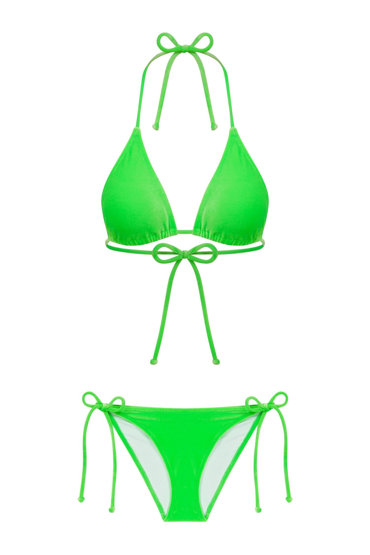 Kadife Dokulu Neon Yeşil Üçgen Bikini Takım