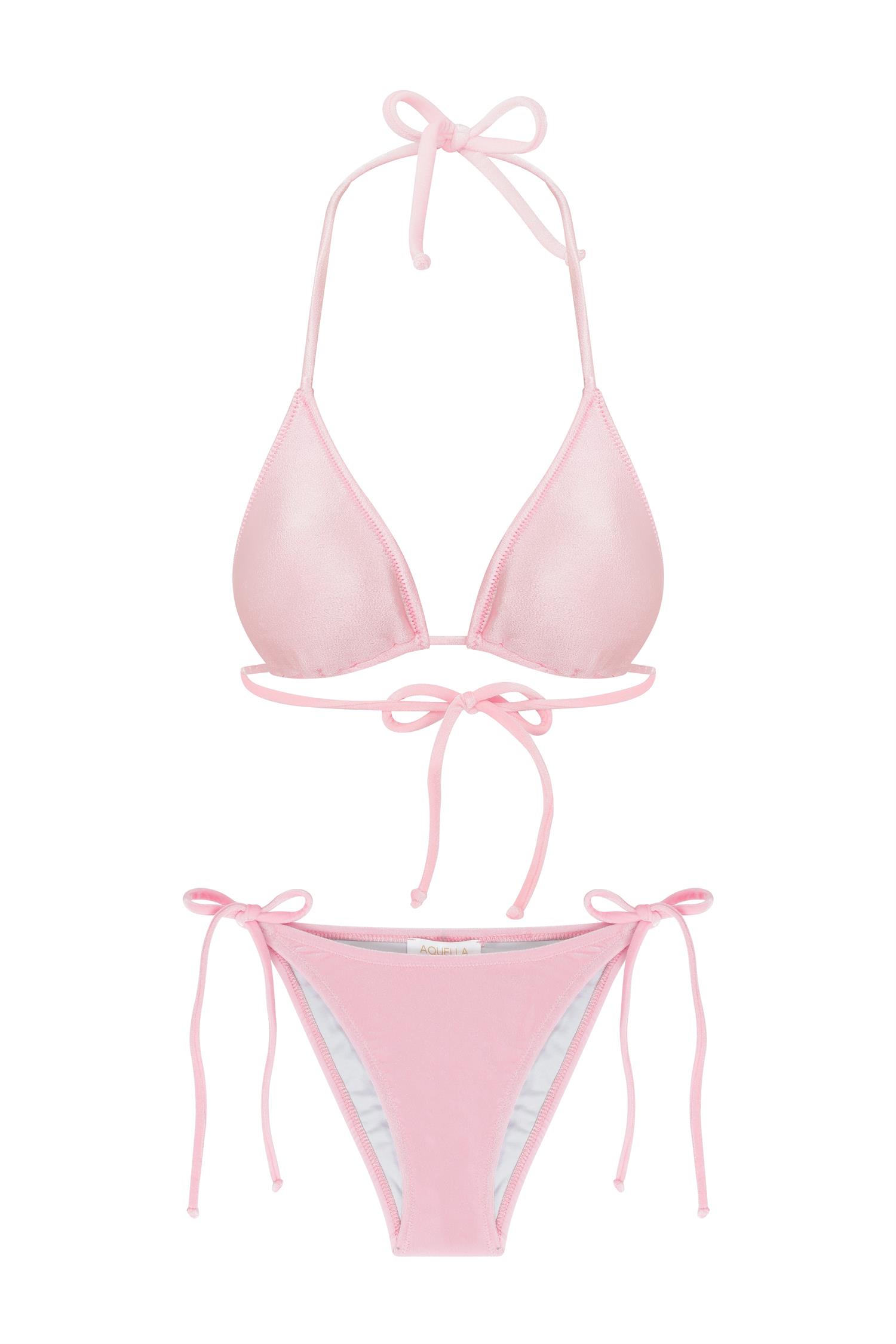 Kadife Dokulu Pembe Üçgen Bikini Takım