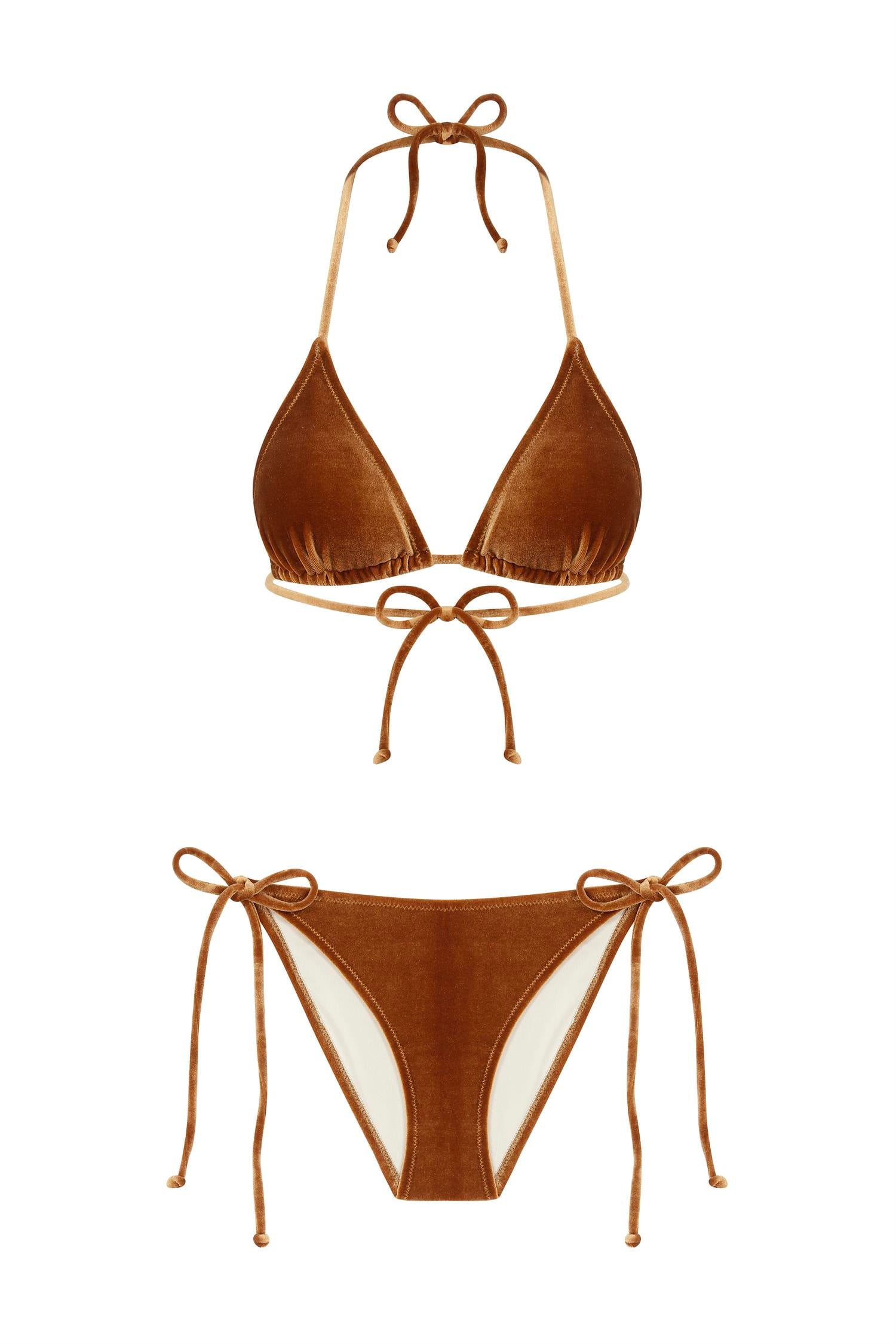 Kadife Dokulu Tütün Kahvesi Üçgen Bikini Takım