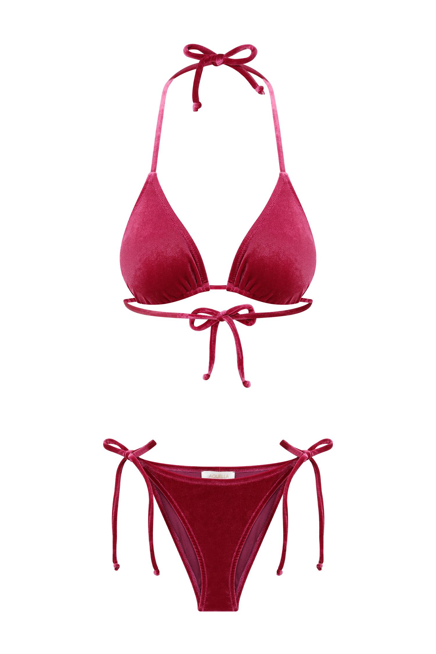 Kadife Dokulu Vişne Çürüğü Üçgen Bikini Takım