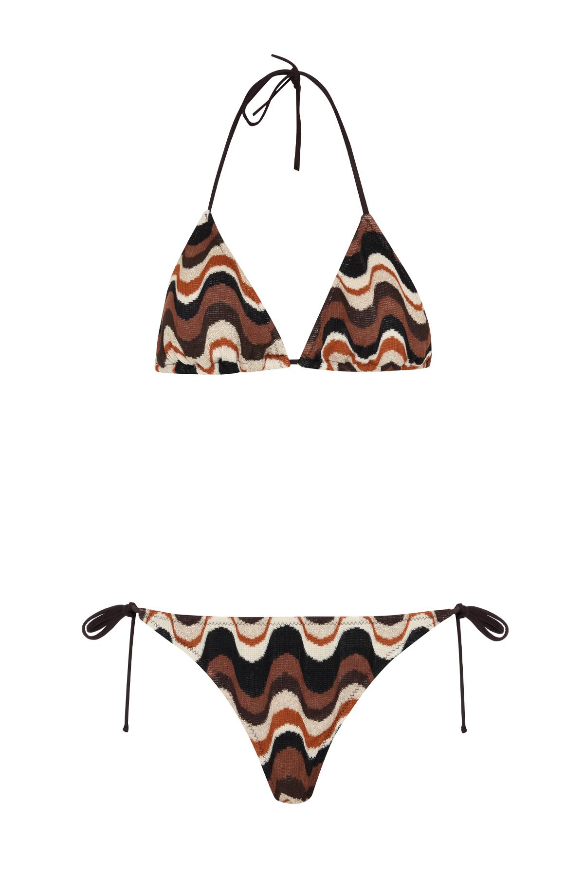 Kahverengi Desenli Triko Üçgen Bikini