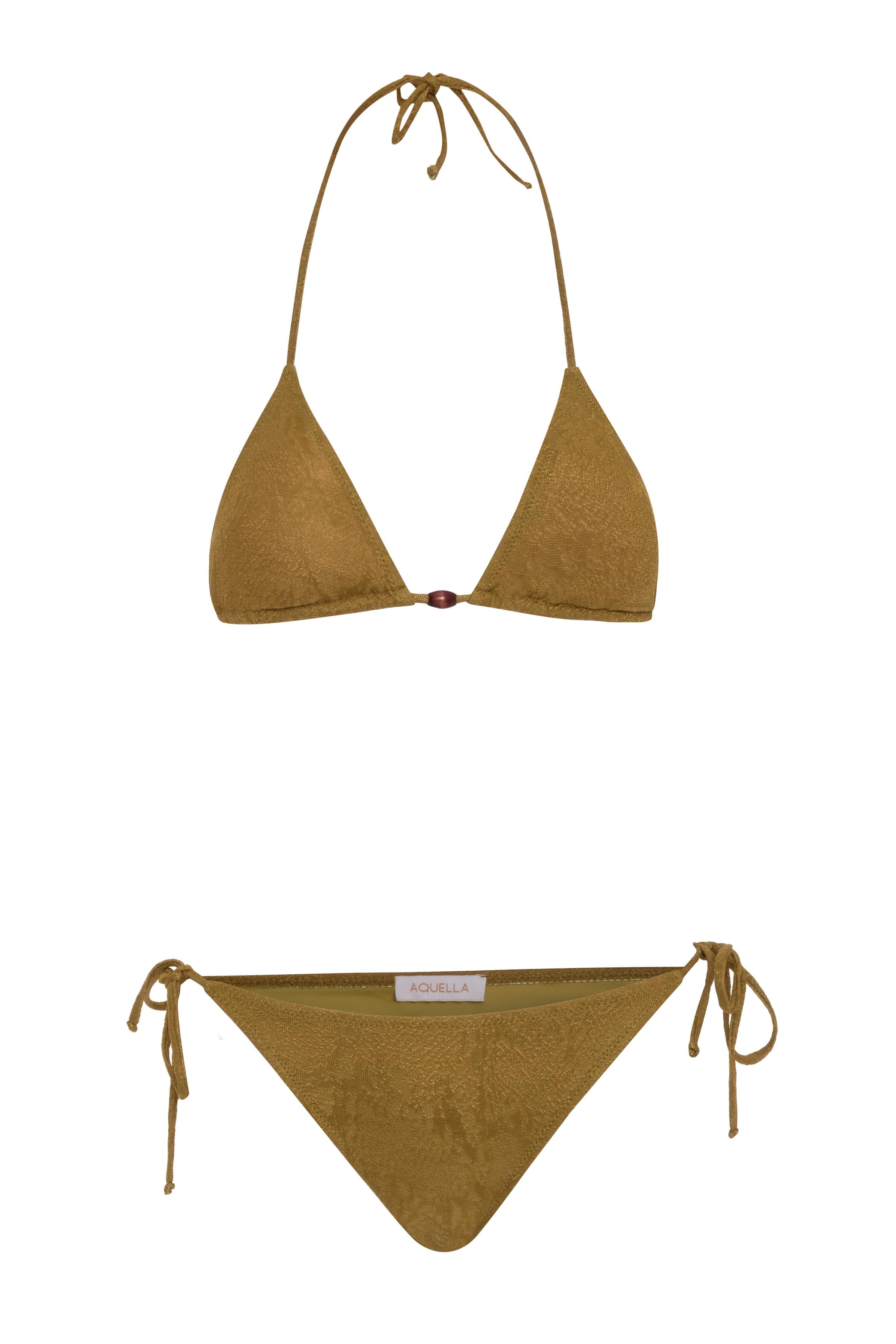 Kendinden Desenli Yağ Yeşil Üçgen Bikini Takım